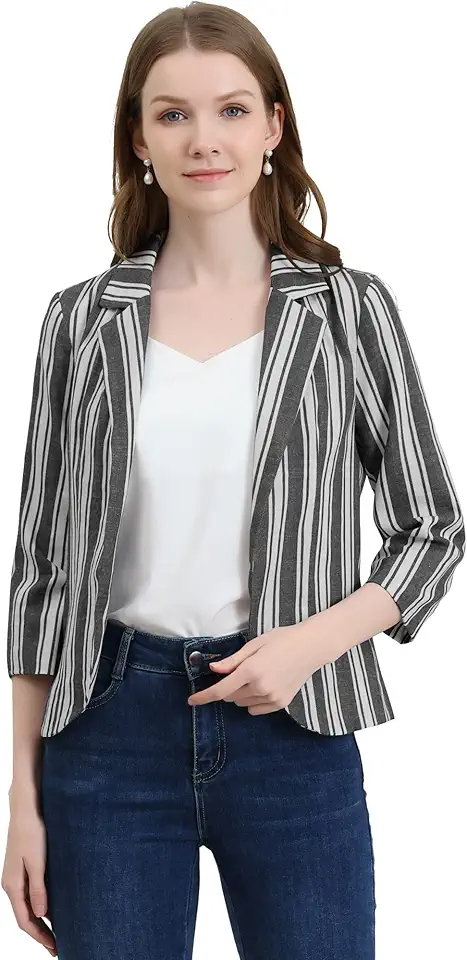 Blazer feminino listrado aberto na frente para trabalho, escritório, mangas 3/4, casual, lapela entalhada