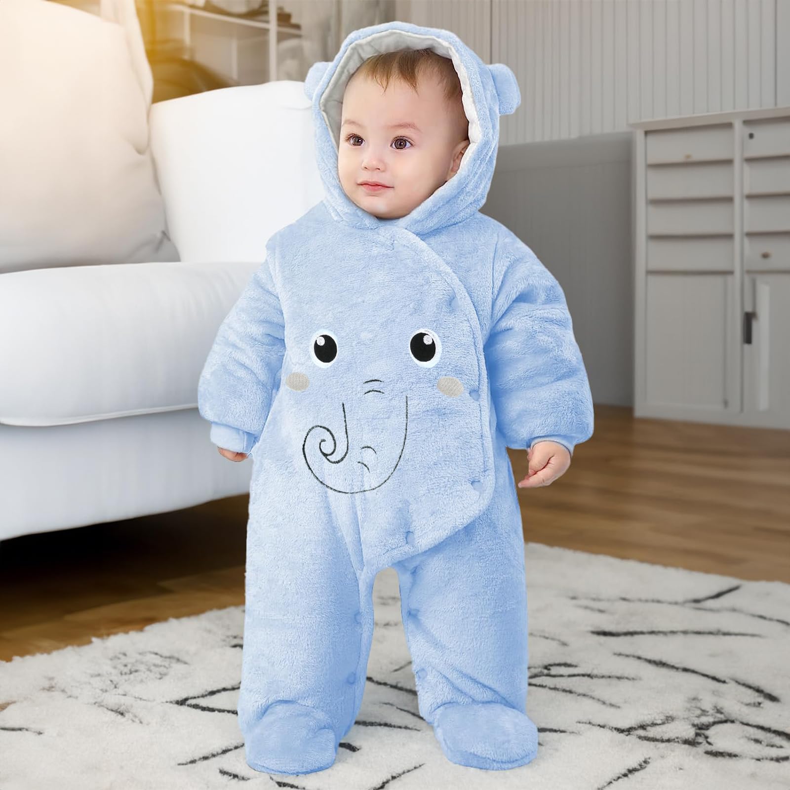 Tuta invernale in pile con cappuccio, per bambini, abbigliamento caldo da neve, da 3 a 6 mesi, motivo elefante blu