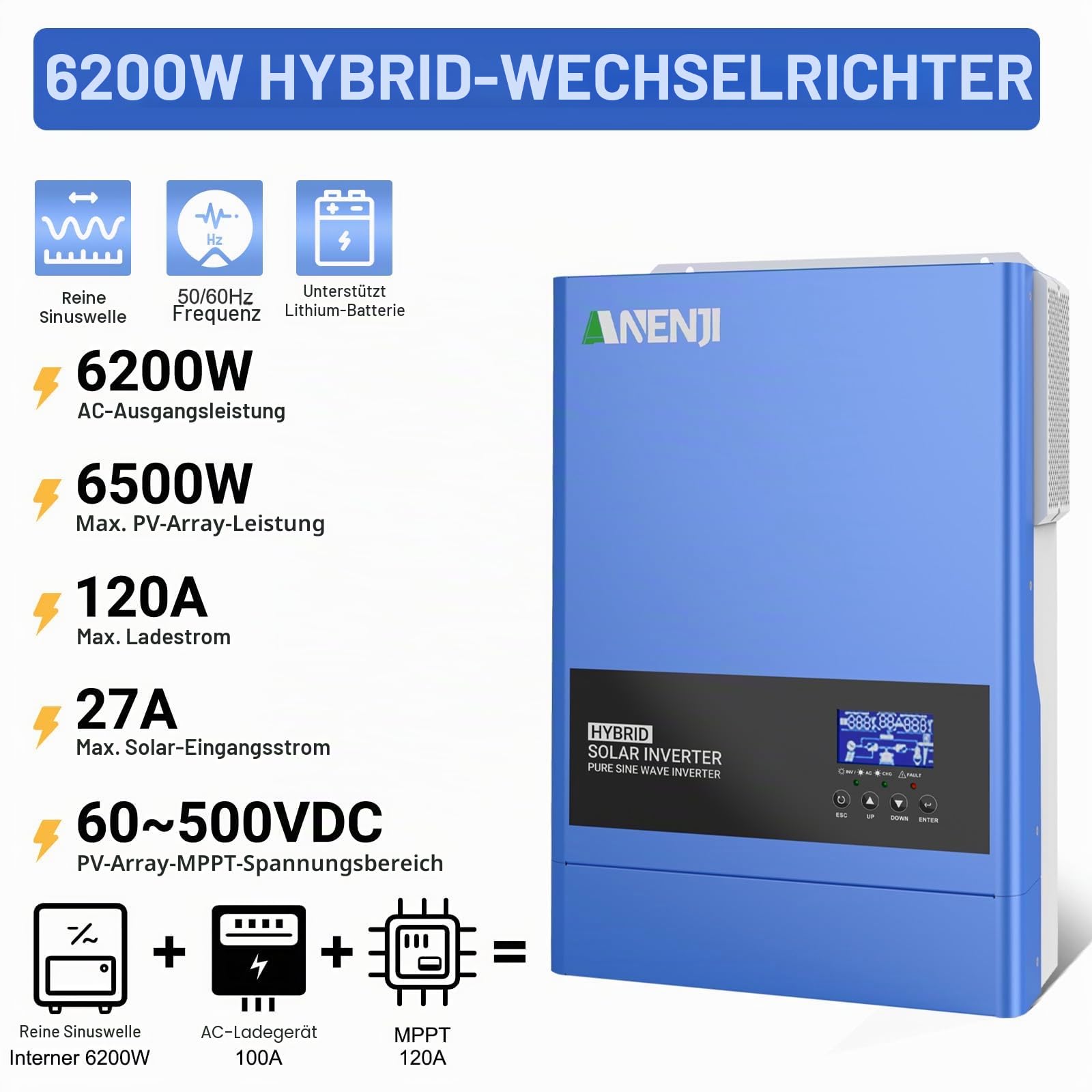 Hybrid-Solar-Wechselrichter 6200 W, 48 V DC auf 230 VAC, Reiner Sinus-Wechselrichter mit 120 A MPPT-Solarladeregler, maximale Eingangsspannung PV 500 V, für
