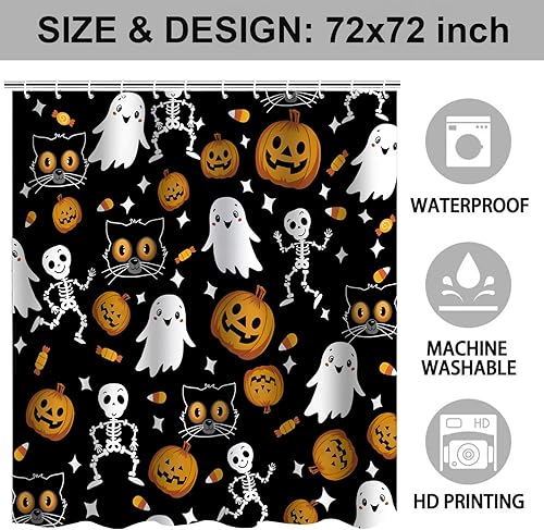 Miniatura 4 de Cortina de ducha de Halloween, cortinas de ducha de otoño negras para baño, cortinas de esqueleto de terror de Halloween, juego de cortina de ducha