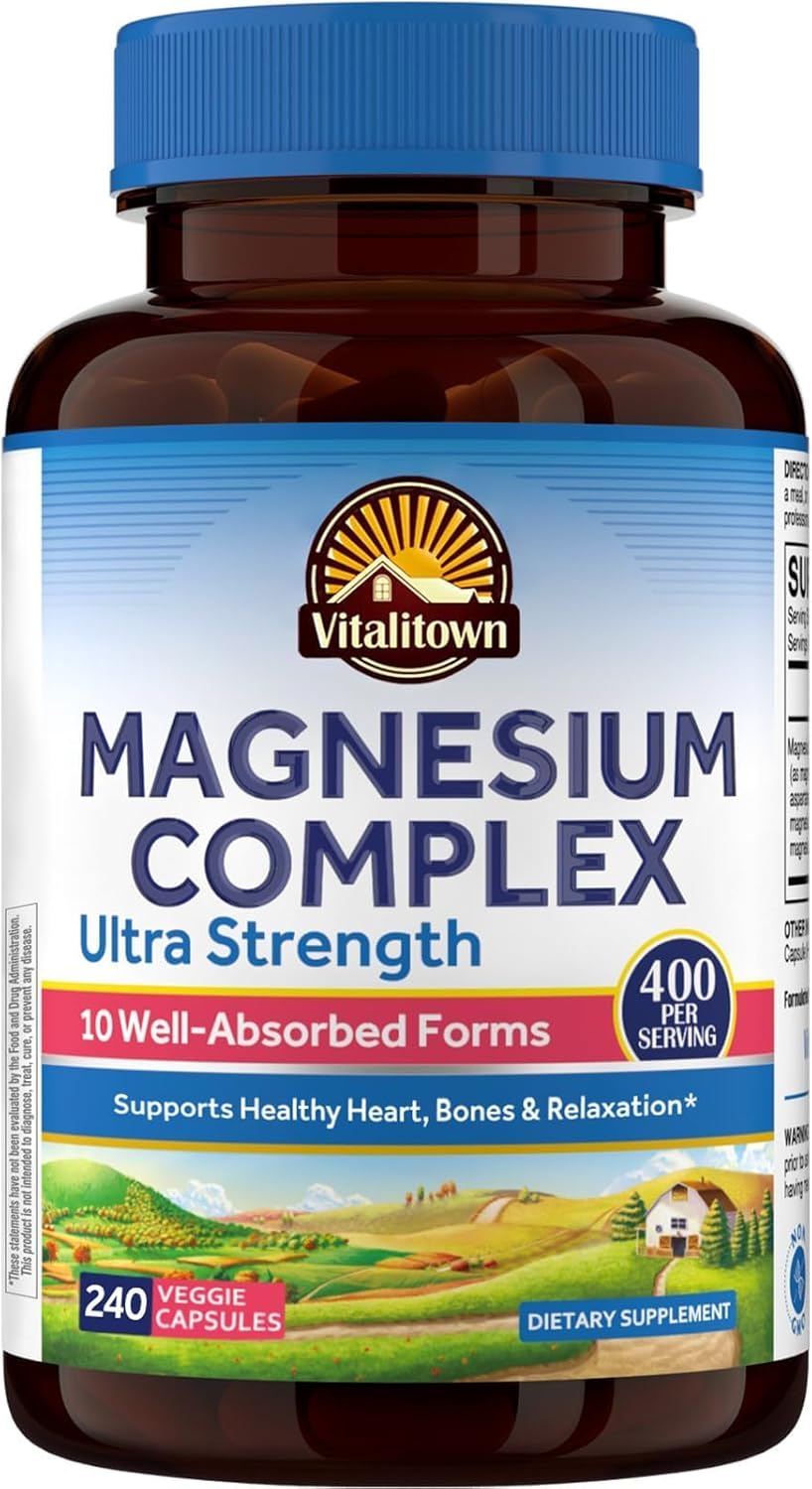 Vitalitown 10 in 1 Magnesium Complex Supplement - 400mg Elemental Magnesium Chelated with Glycinate, Citrate, Malate, Taurate & More - for Sleep Heart Energy, Non-GMO, Vegan, 240 Caps