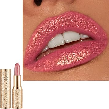 Rose Pink Shimmer Lipstick, Glitter Lip Balm for Women Dry Lips, Pearlescent Longlasting Lipgloss with Creamy Formula, Hydrating Lip Stick Metallic Highly Pigmented