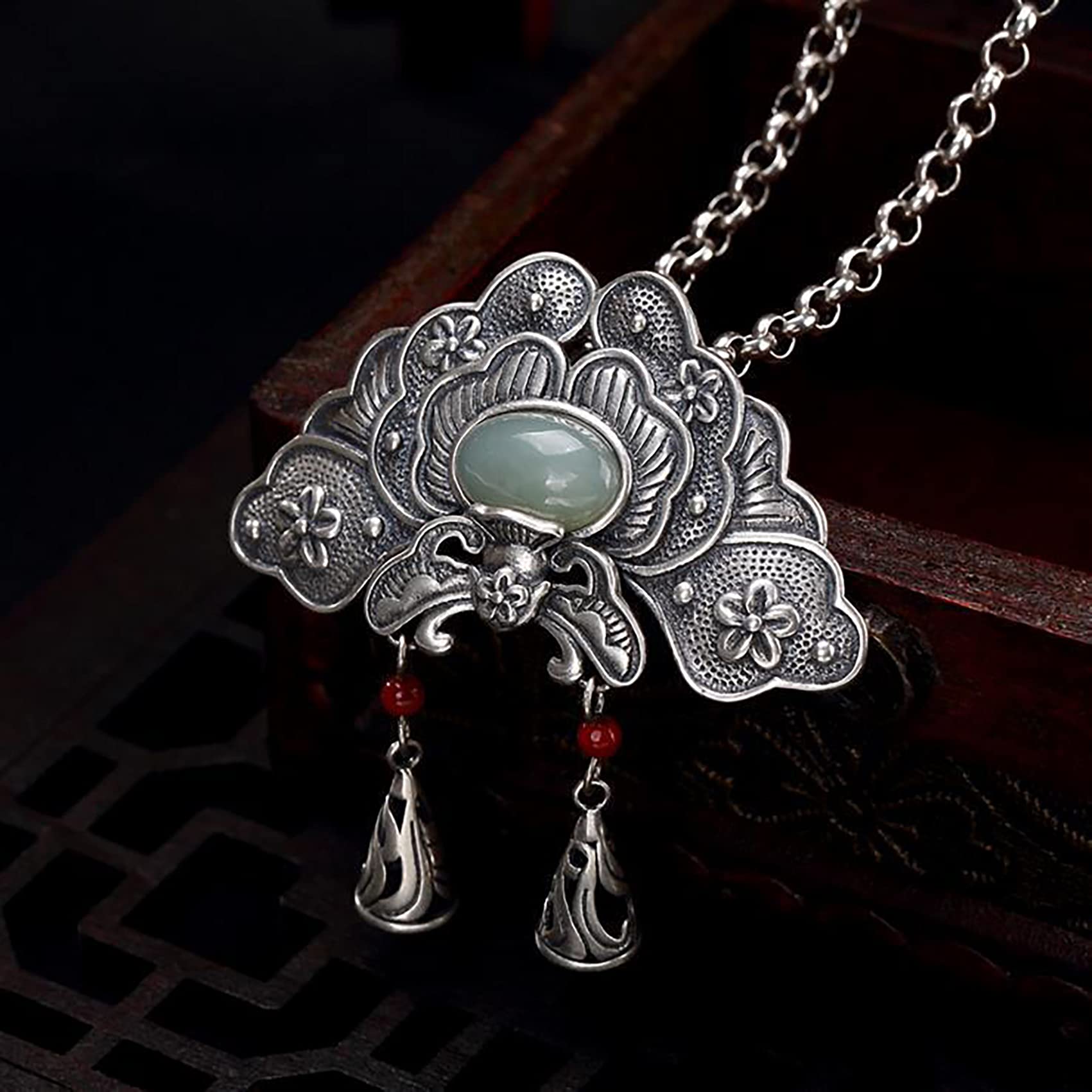 Naszyjnik modlitewny, Feng Shui Amulet Piwonia Naszyjnik, Hetian Jade Kryształ Kwarcowy Talizman Dla Dobrobytu Pieniądze Powodzenia, 51x50x3mm 1szt