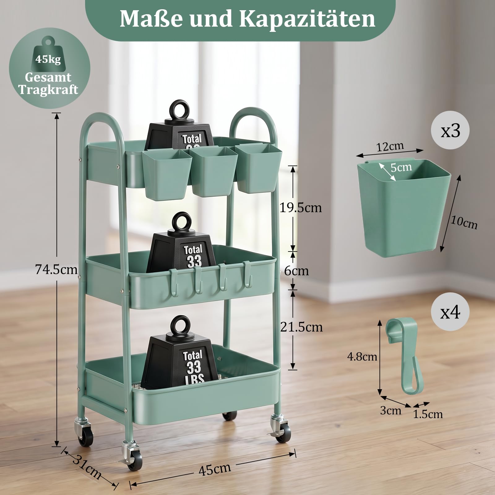 danpinera Wózek z 3 poziomami, metalowy wózek do serwowania z regulowanymi kółkami, wiszącymi kubkami i haczykami, mobilny wózek do majsterkowania do kuchni, łazienki, biura, warsztatu