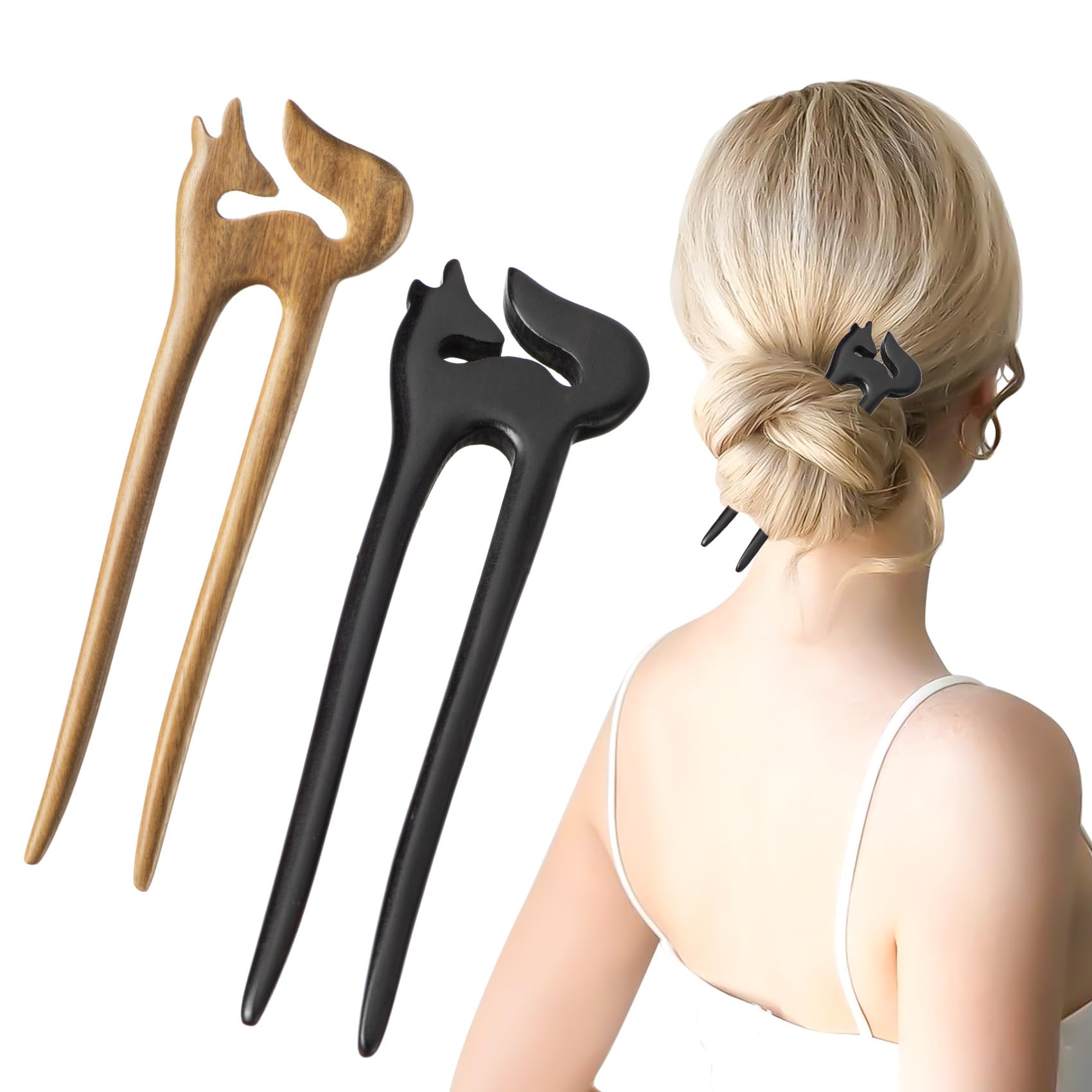 YUEELI 2pcs U Shaped Hair Pins Fox Hair Stick Vintage Hairpin Wooden Hair Fork French Hair Pins for Buns Fox Hairpin Hair Accessories for Women Girls