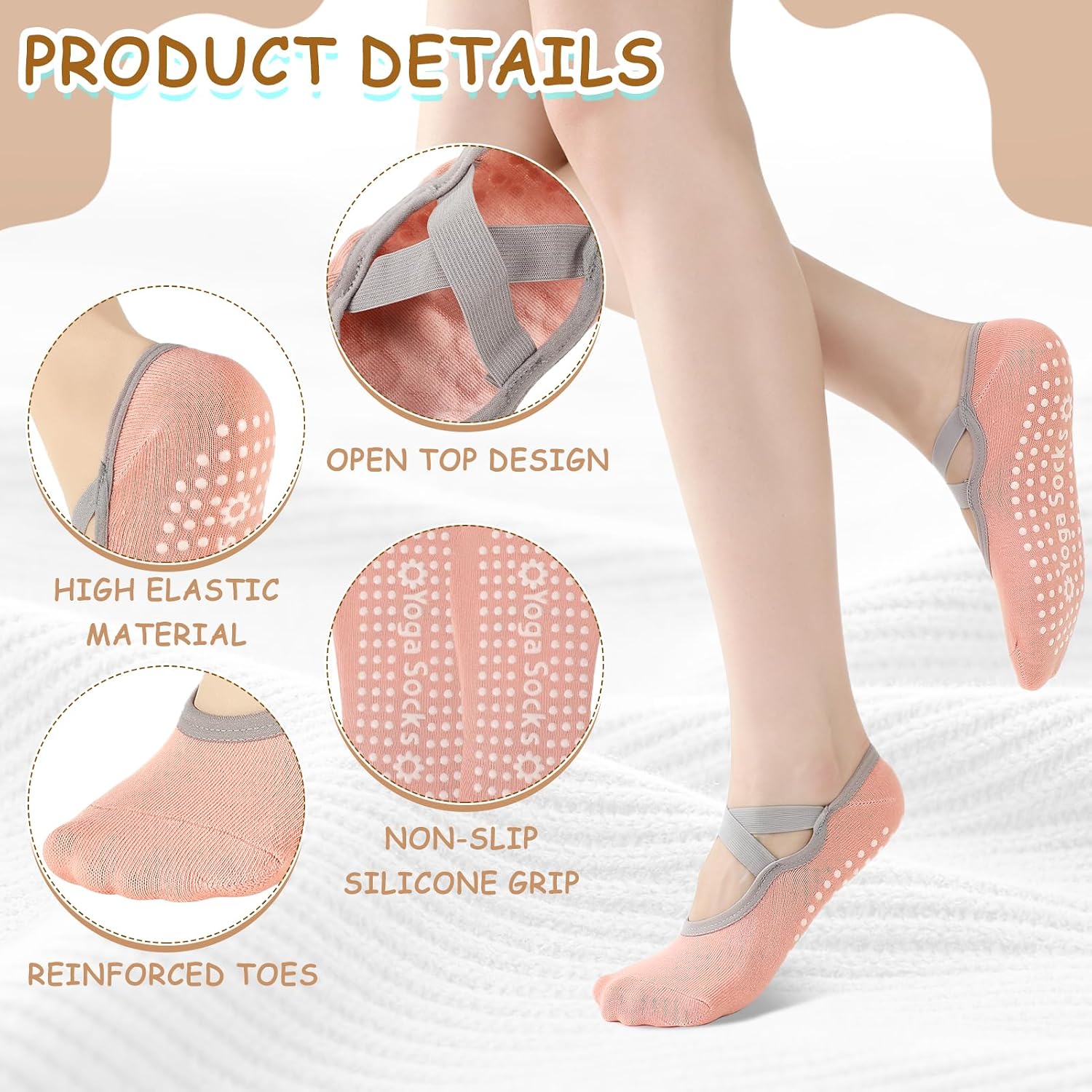 4 Pairs Yoga Socks for Women Non Slip with Straps Pilates Barre Grip Socks with Bow Storage Bag