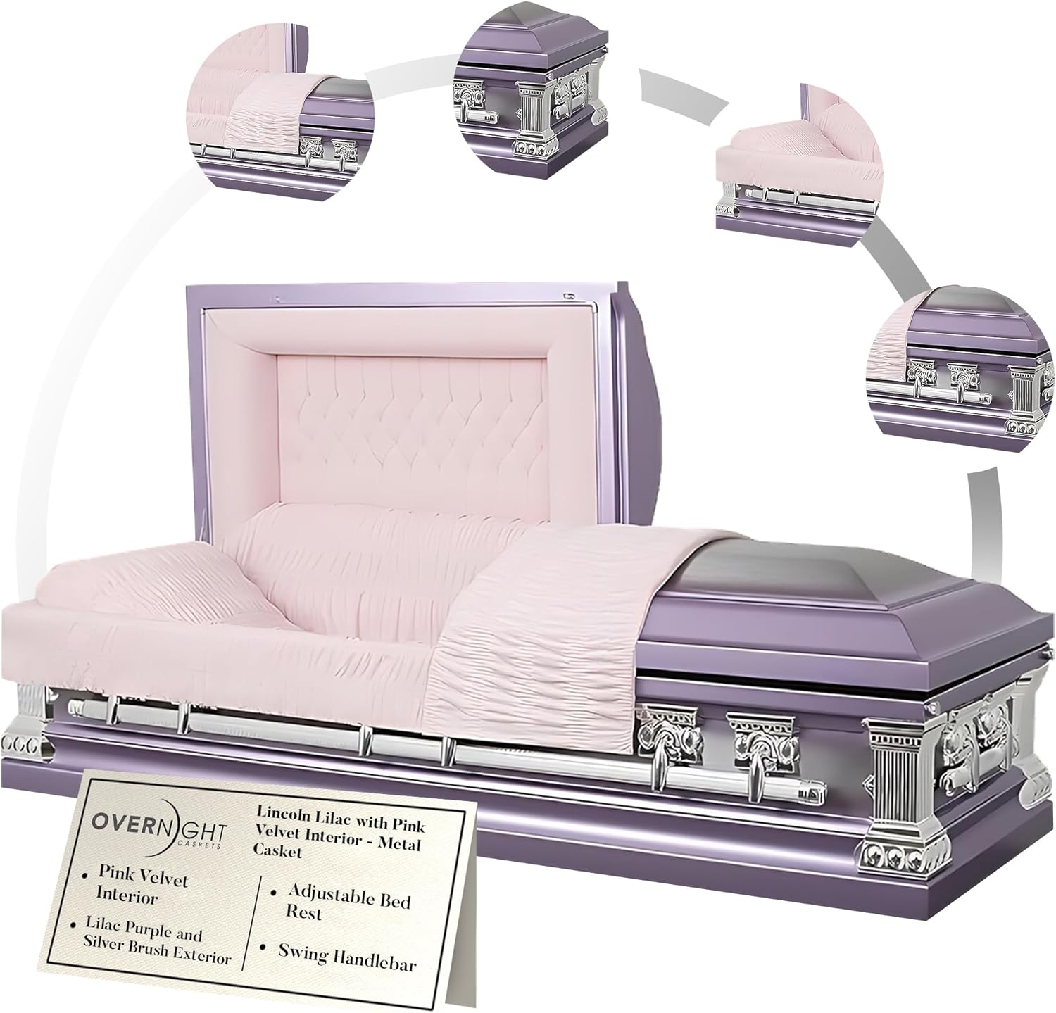 Overnight Caskets LINCOLN Metal Funeral Casket Lilac with Pink Velvet Interior - Premium 18-Gauge Steel - Fully Appointed Adult Casket - Coffin Featuring Velvet Interior Lining w/Pillow & Throw Set