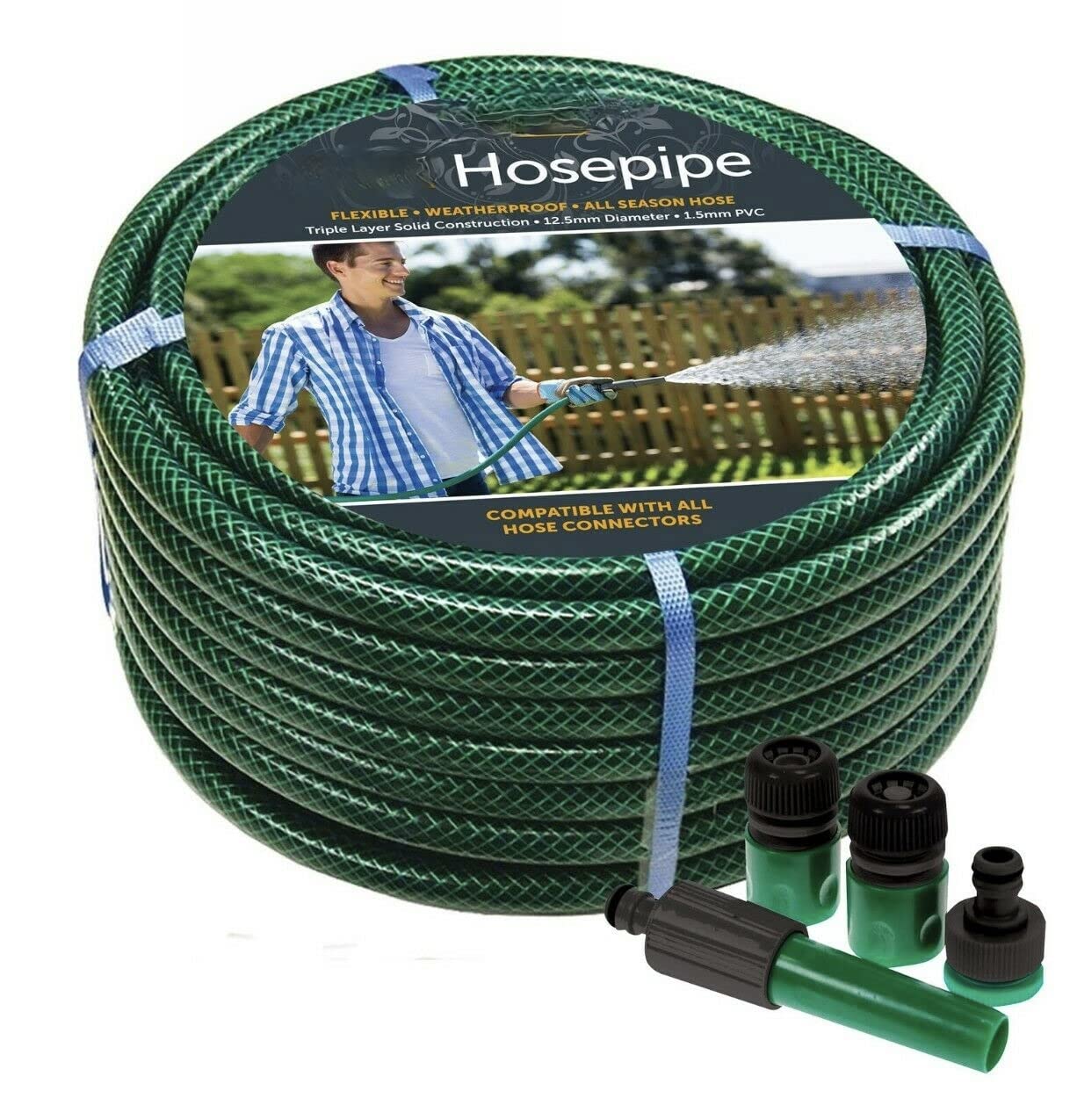 Adeptna Green Garden Hose Pipe Reel Watering Hosepipe Triple Layer With Connectors (15M)