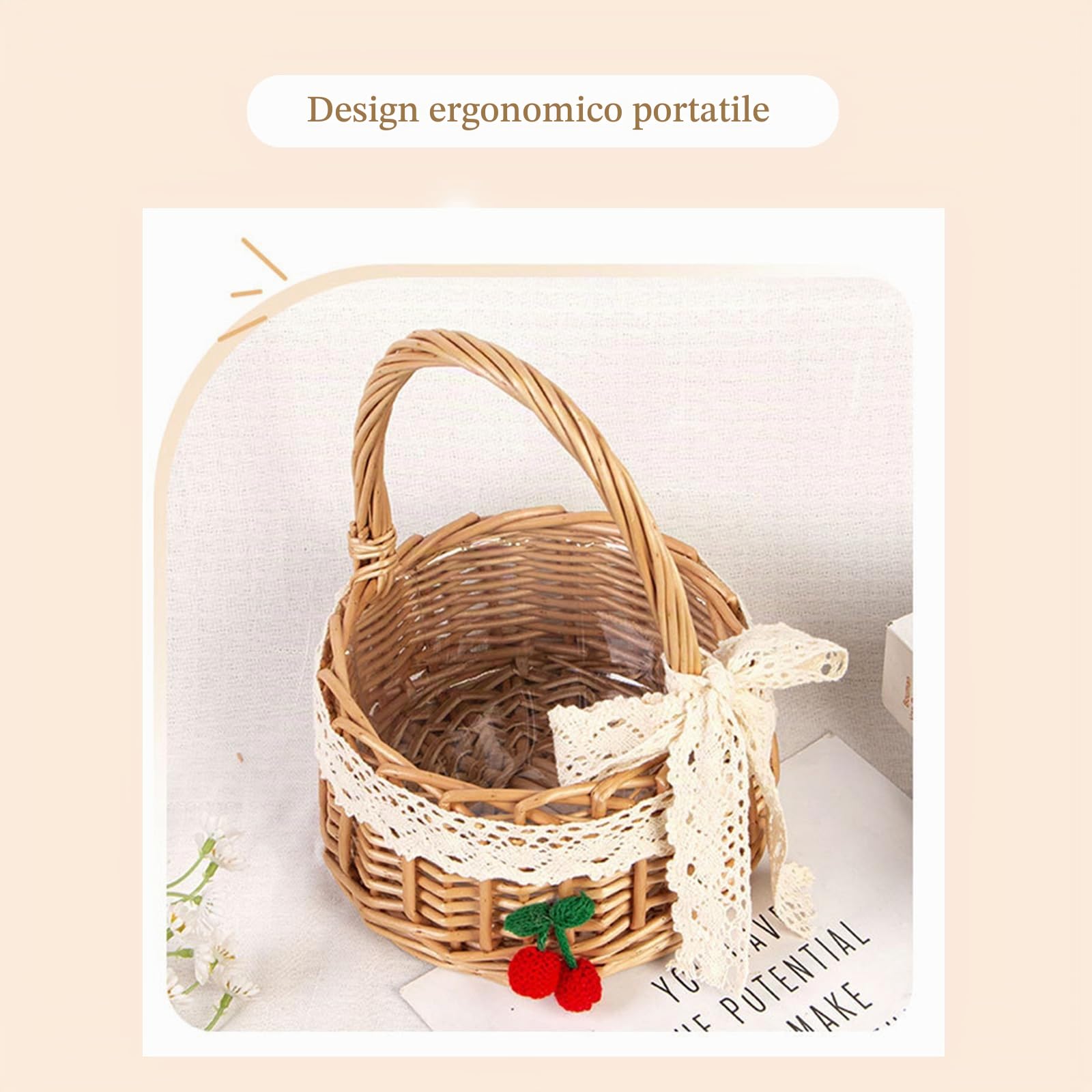 2 Pezzi Cesti per Fiori Intrecciati a Mano, Cesto di Vimini per Fiori In Rattan, Cestini Vimini, Cestino Matrimonio, Cestino per Damigella, per Matrimonio Decorazione Di Casa (Nastro Medio)