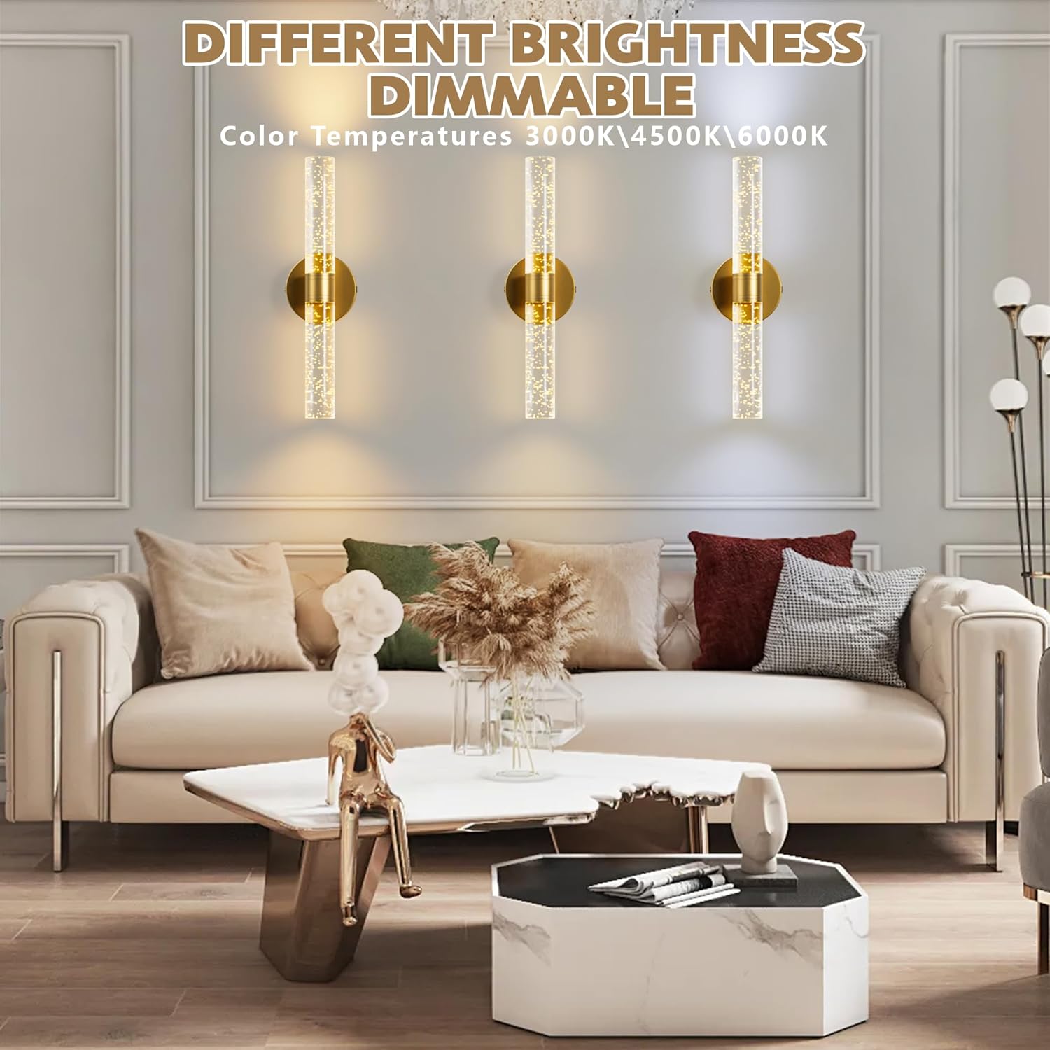 Gold Battery Operated Wall Sconces Set of 2, 13000mAh Rechargeable Wall Lights with Remote Control, 15 Color Dimmable Wireless Crystal Wall Sconce for Bedroom Living Room Hallway Party (2 Pack)