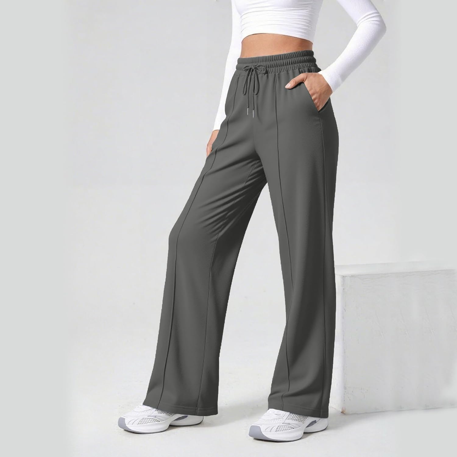 ALUWU Womens Sweatpants Wide Leg High Waisted Baggy Pants Drawstring Workout Active Joggers Lounge Pants with Pockets - Image 3