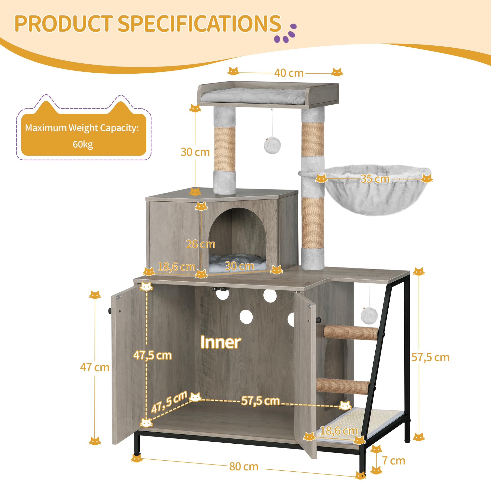Hzuaneri Mobile Lettiera per Gatti, Cuccia per Gatti 4 in 1 Con Grande Piattaforma, Cuccia per Gatto Con Tappetino Antigraffio in Sisal, Pali, Scale E Pompon, Cuscini Lavabili, Grigio CB81005B