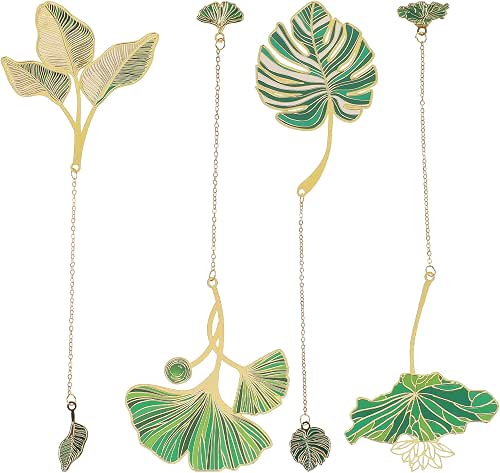 Tucnoeu 4pcs Metal Bookmarks with Chain,Beautiful Metal Leaf Bookmark Leaf