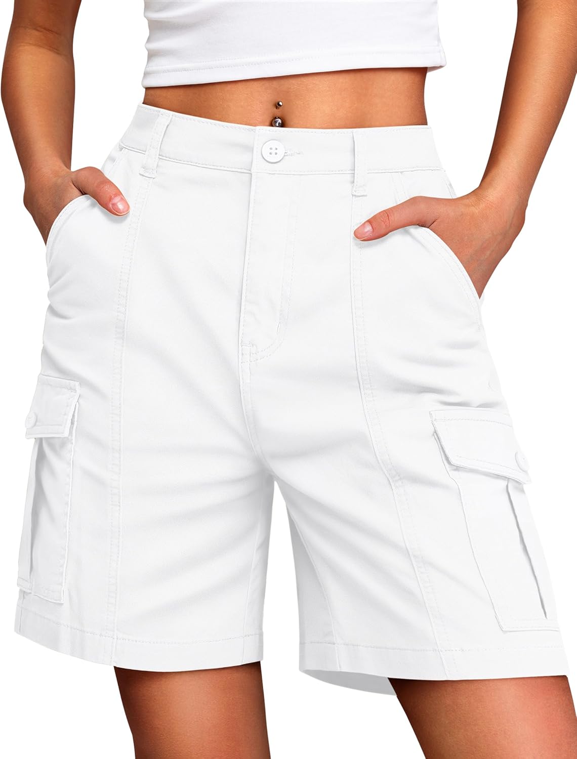 IWD Bermuda Cargo Denim Shorts for Women Knee Length 6 Pockets Elastic Waist Long Jorts for Summer Casual