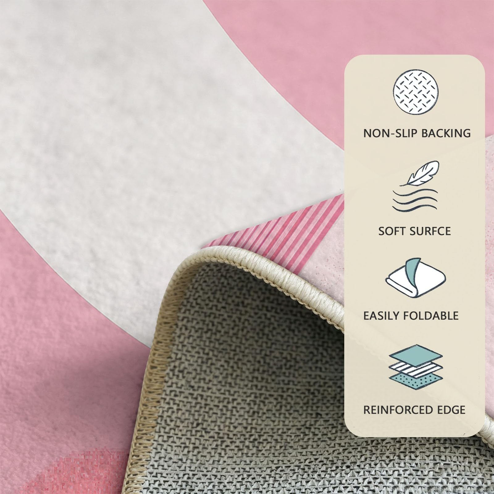 Tapis Salon Rond Rose 200 cm, Géométrique Minimaliste Lavable en Machine et Antidérapant Moquette, Extra Doux Tapis Lune Soleil Rouge Demi-Cercles pour Chambre à Coucher, Salle à Manger, Salle de jeux