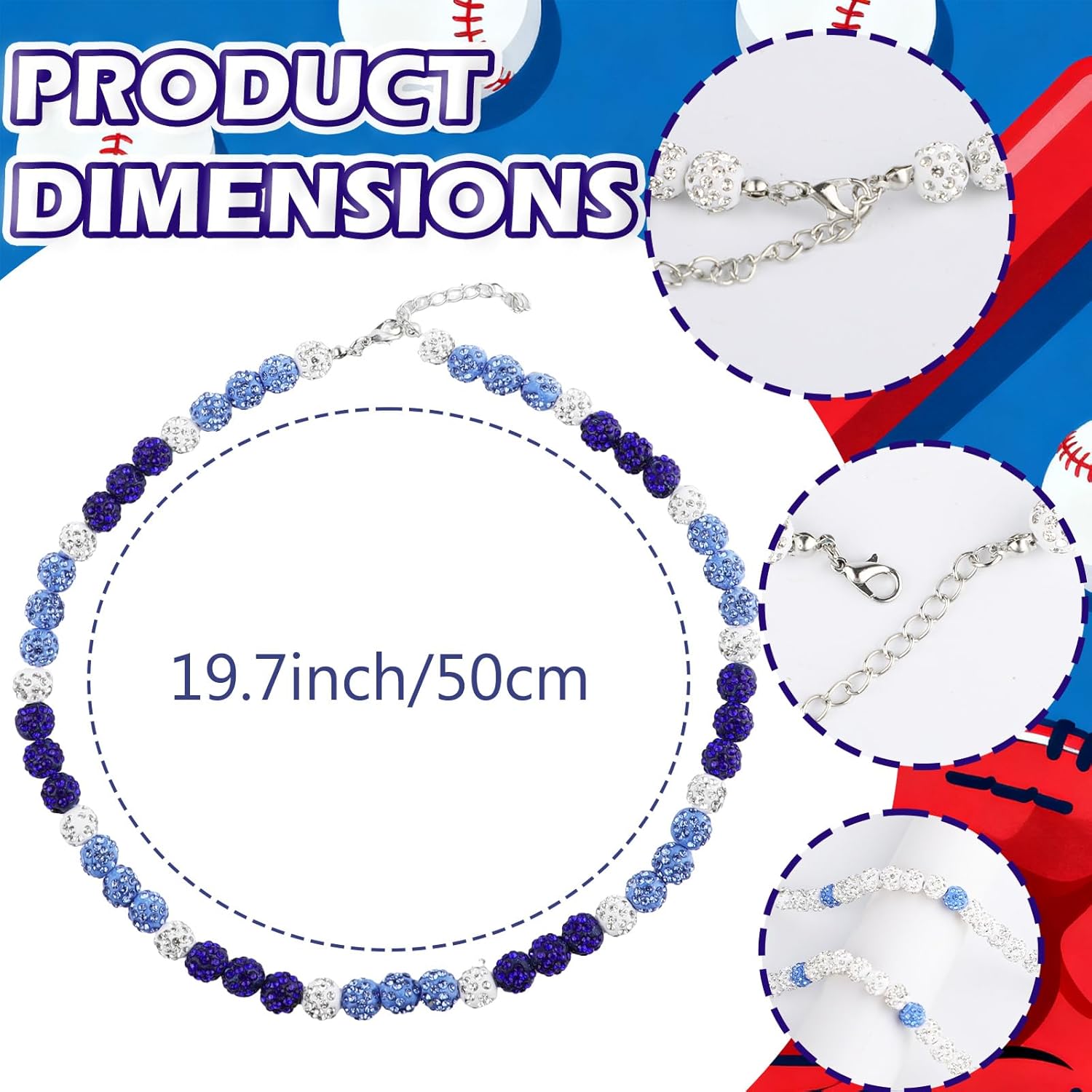 12 PCS Bling Baseball Necklaces for Men Women, Ice Rhinestone Discoball Bling Baseball Beaded Necklaces Gifts for Players Mixed colors