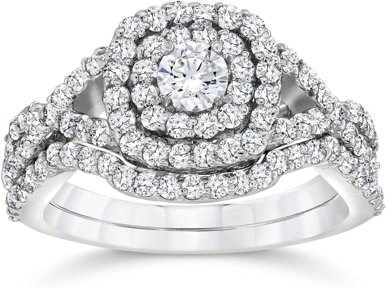 P3 POMPEII3 Pompeii 1 1/10cttw Cushion Diamond Halo Engagement Ring Set White Gold