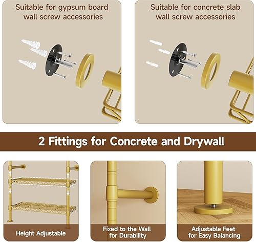 Miniatura 6 de L2 - Sistema de armario montado en la pared, perchero industrial de tubería con 2 varillas telescópicas y 6 estantes, sistema organizador de armario