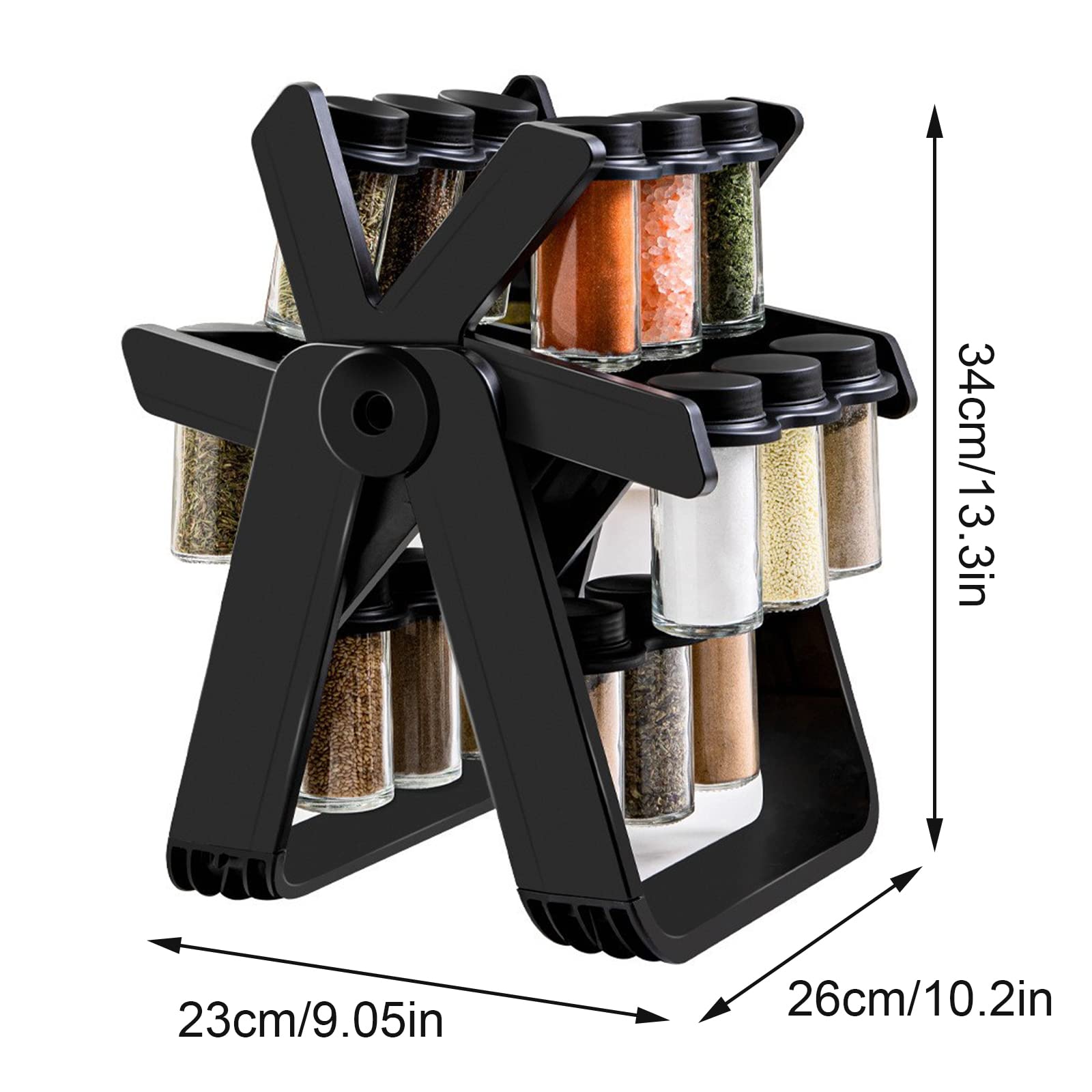 BestAlice Étagère à épices rotative avec 18 pots à épices en verre, grande roue rotative à 360 degrés, amovible, noir