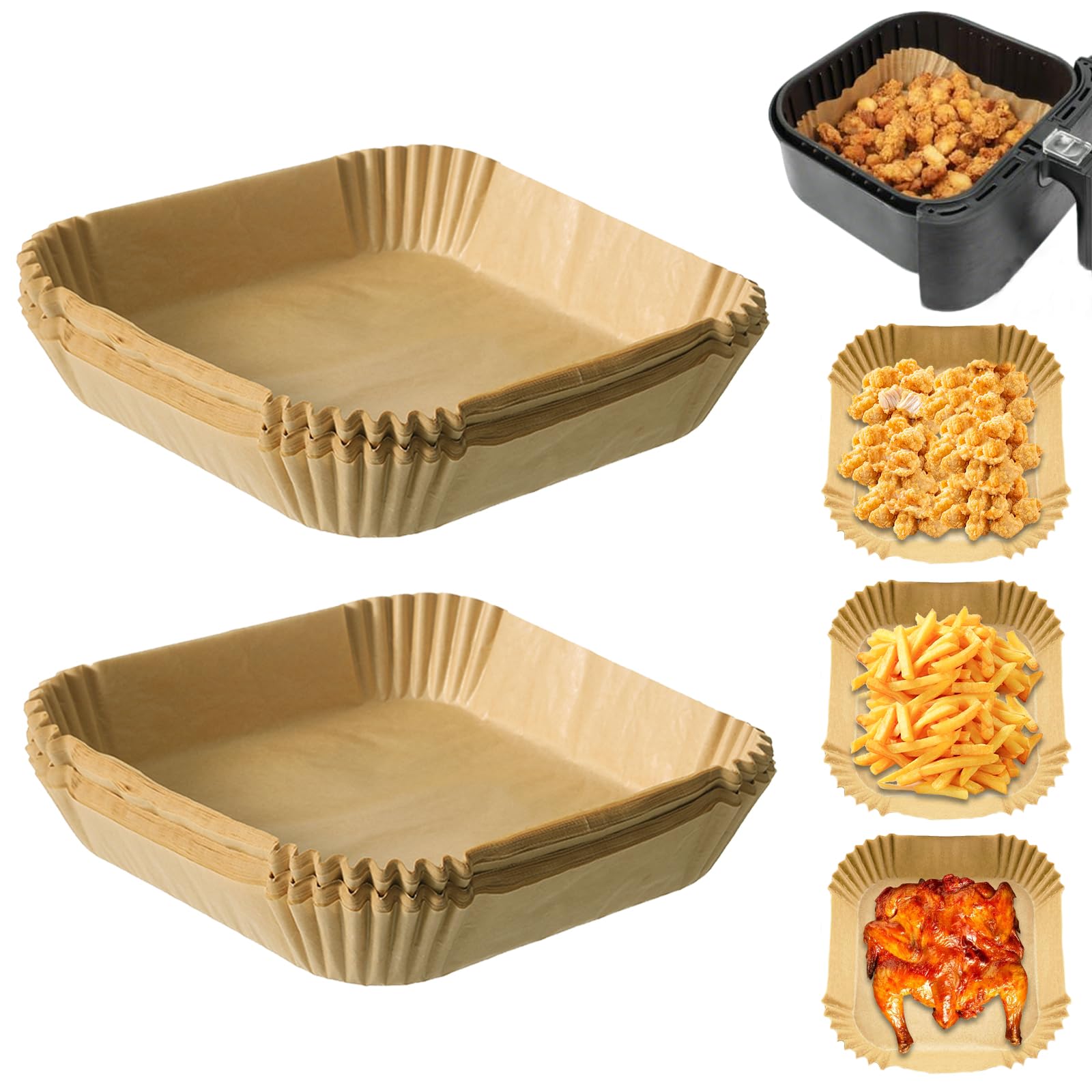 200 Piezas Papel Freidora Aire, Cuadrado Papel para Freidora de Aire, 20 x 20 x 4,5cm, BPA Free, Desechable Antiadherente Air Fryer Papels de Horno Compatible con Ninja AF300EU AF400EU