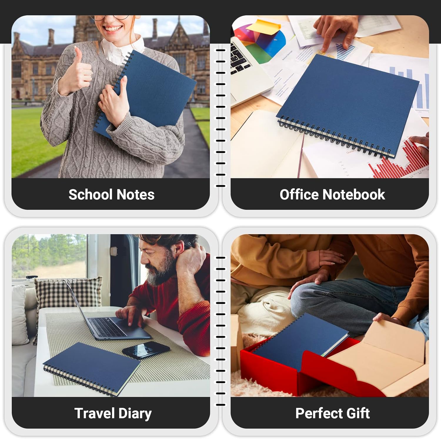 EUSOAR 5 Subject Notebook College Ruled, 3pcs A4 11" x8-1/2 Spiral Writing Pad, Thick Hardcover, 100GSM 120Sheets/ 240Pages of Lined Paper, for School, Home Supplies, Office and Business, Royal Blue