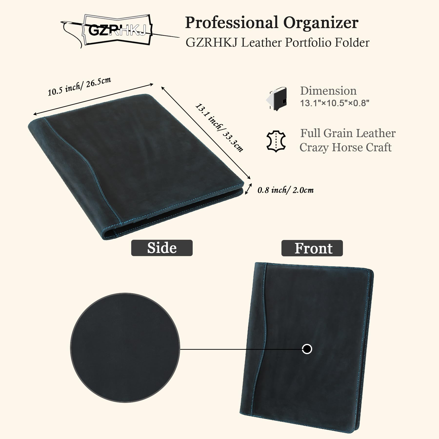 Portfolio-Mappe aus echtem Leder, für Linkshänder, Business-Organizer, Lebenslauf-Ordner, A4-Dokumentenmappe, Rechtsblock-Padfolio für Damen und Herren