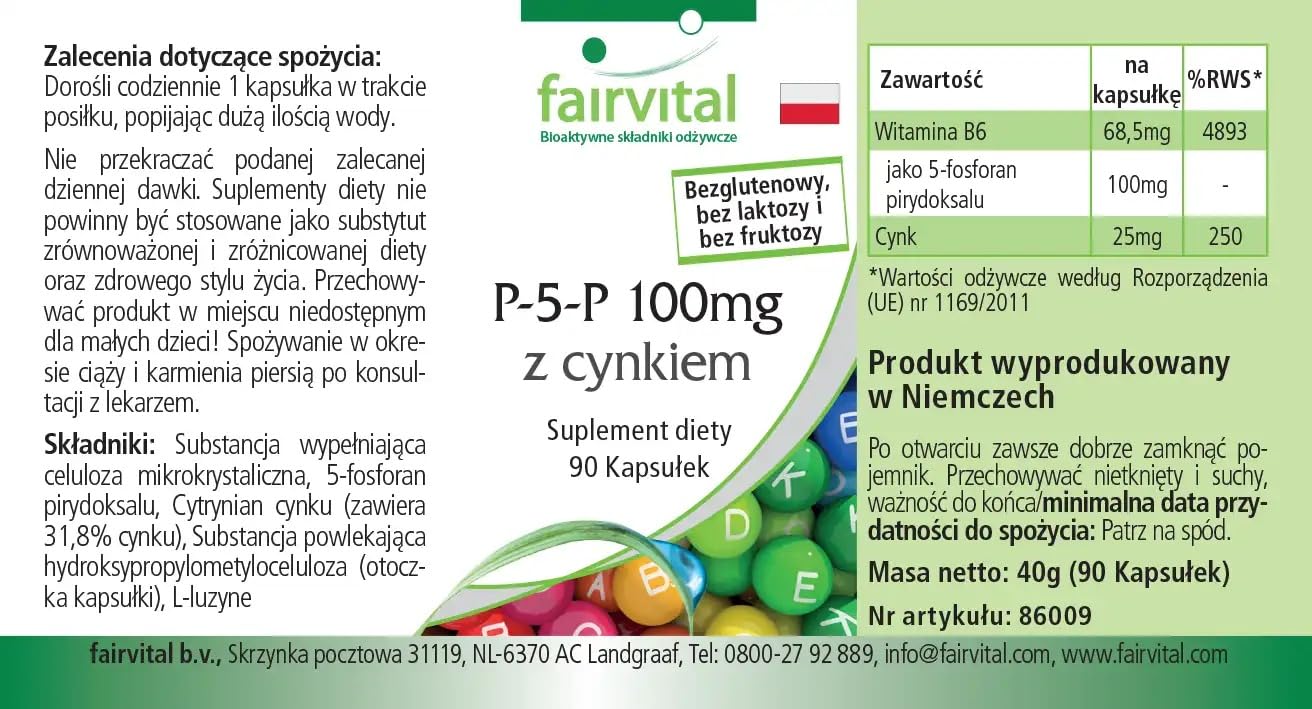 fairvital Pyridoxal-5-phosphate 100mg, 270 gélules (90x3), vitamine B6 active P-5-P avec du zinc, HAUTEMENT DOSÉE & VÉGÉTALIENNE