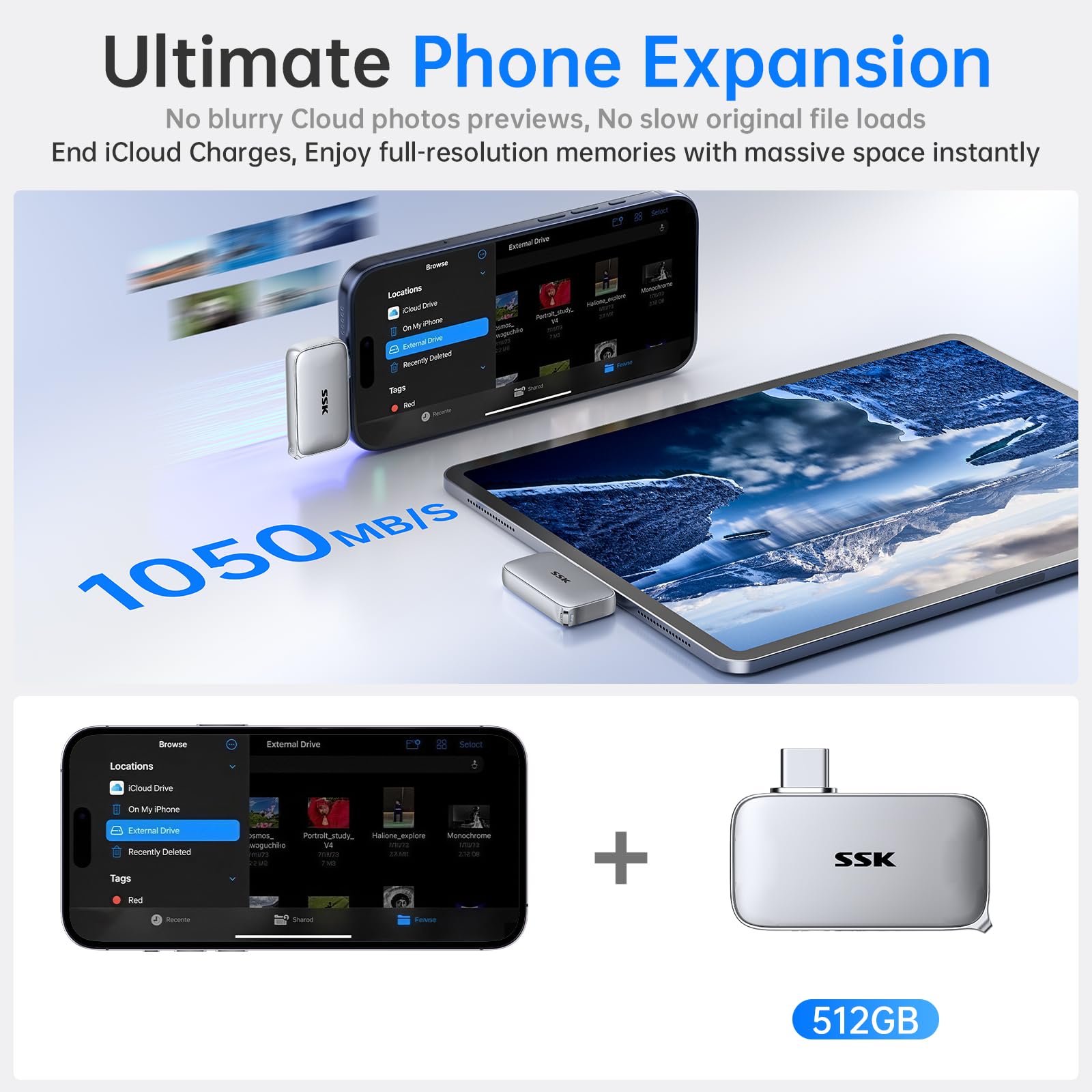 SSK - Disco SSD Extreme 512GB, USB 3.2 Gen 2 SSD portátil hasta 1050 MB/s | USB-C Portable NVMe SSD, 4K 120Hz ProRes, Resistencia al polvo y al agua IP65, con iPhone 15/16/17 serie, Mac,PC,Xbox
