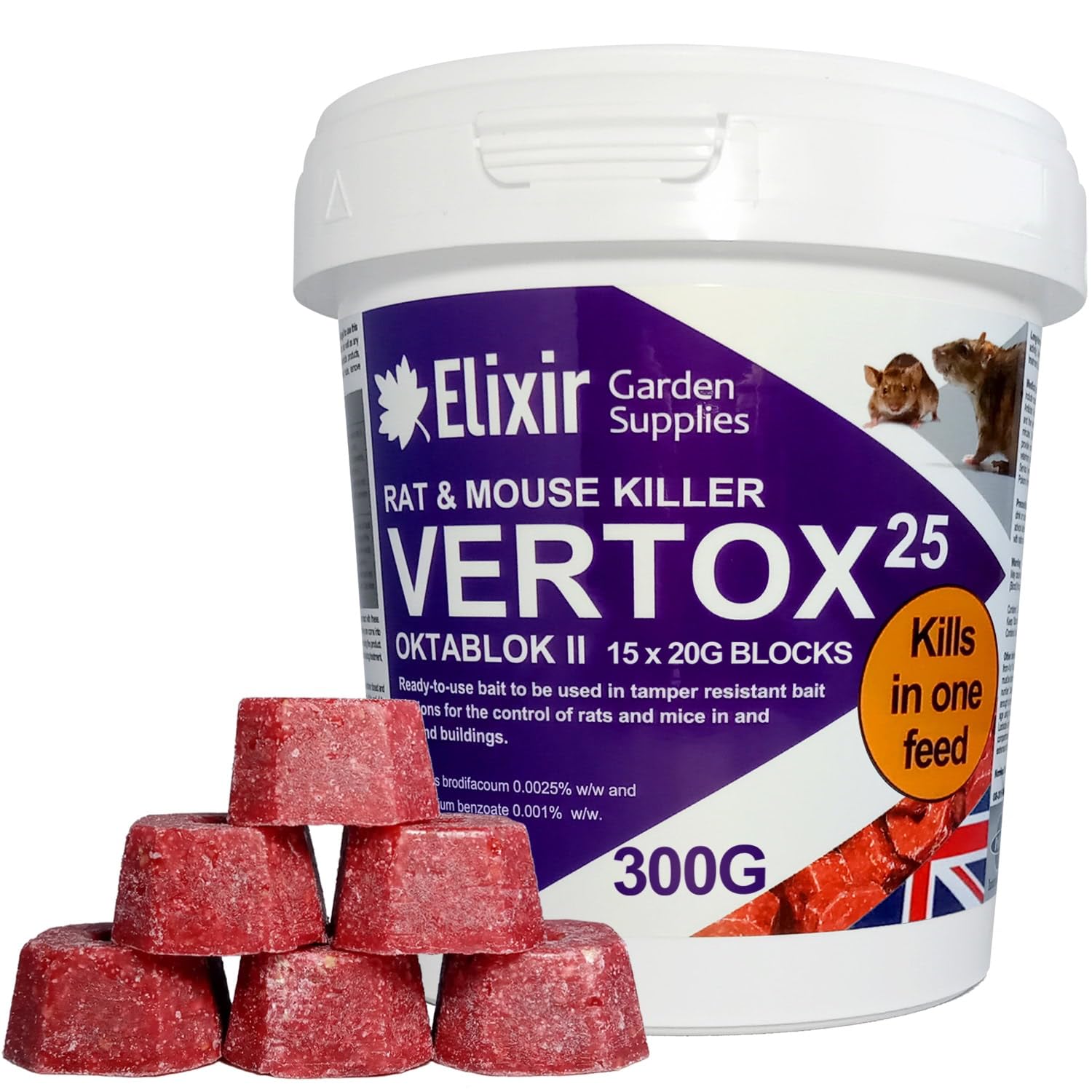 Elixir Gardens Vertox 25 300g (15g x 20) Rat, Mouse & Rodent Poison Killer | Fast Acting & Safe Ready-to-Use Wax Bait Blocks | KILLS IN ONE FEED | 1-10 Tub Quantities | 300g Tub x 10