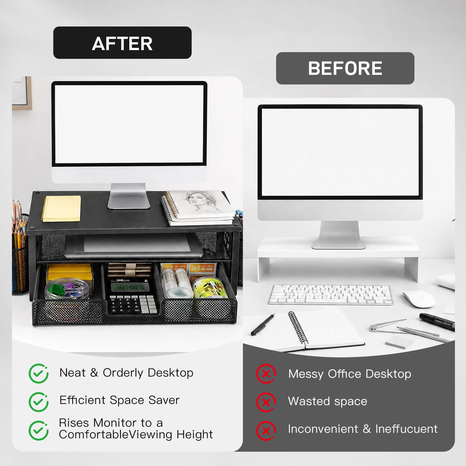 Supporto per monitor con cassetto e 2 portapenne, rialzo ergonomico da scrivania per laptop e schermo, organizer multifunzionale a 2 livelli per ufficio e home office (nero)
