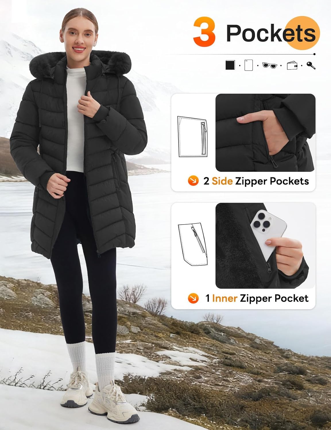 ASPO Women's Long Winter Coats Waterproof Warm Puffer Down Jacket Fleece Lined Parka with Faux Fur Removable Hood - Image 5