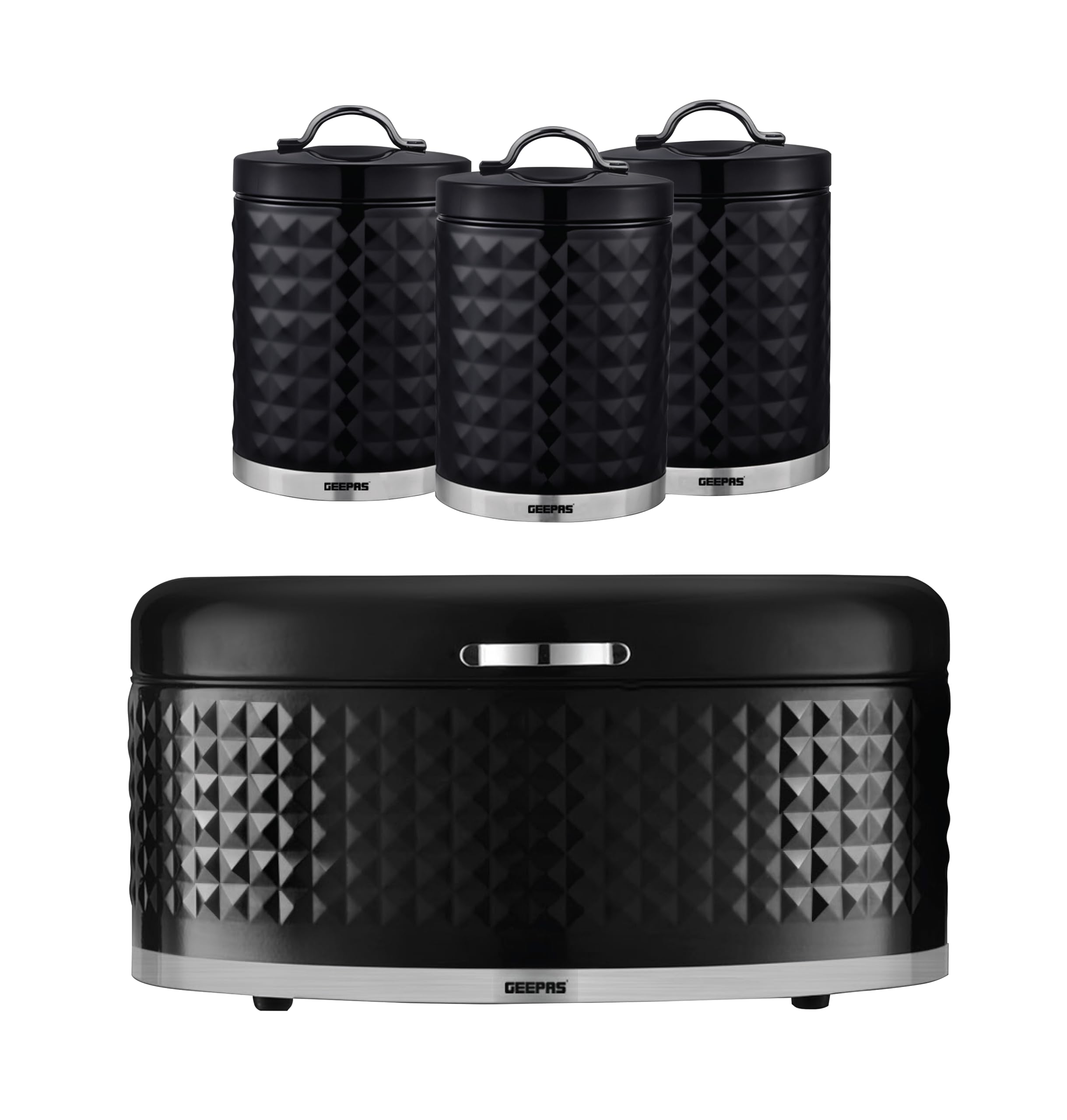 Geepas Unisex Black Argyle 4 Pc Tea Coffee Sugar 1.3L Canister & 9L Bread Bin Set In