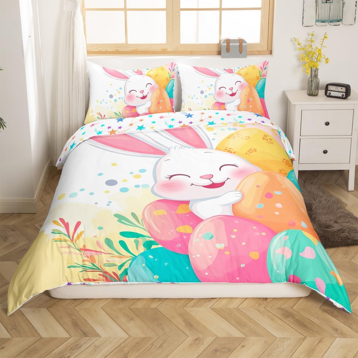jejeloiu Cartoon Rabbit Bedding Set King Size Colorful Easter Eggs Comforter Cover Set for Kids Boys Girls Happy Easter Day Duvet Cover Cute Bunny Bedspread Cover Animal Quilt Cover