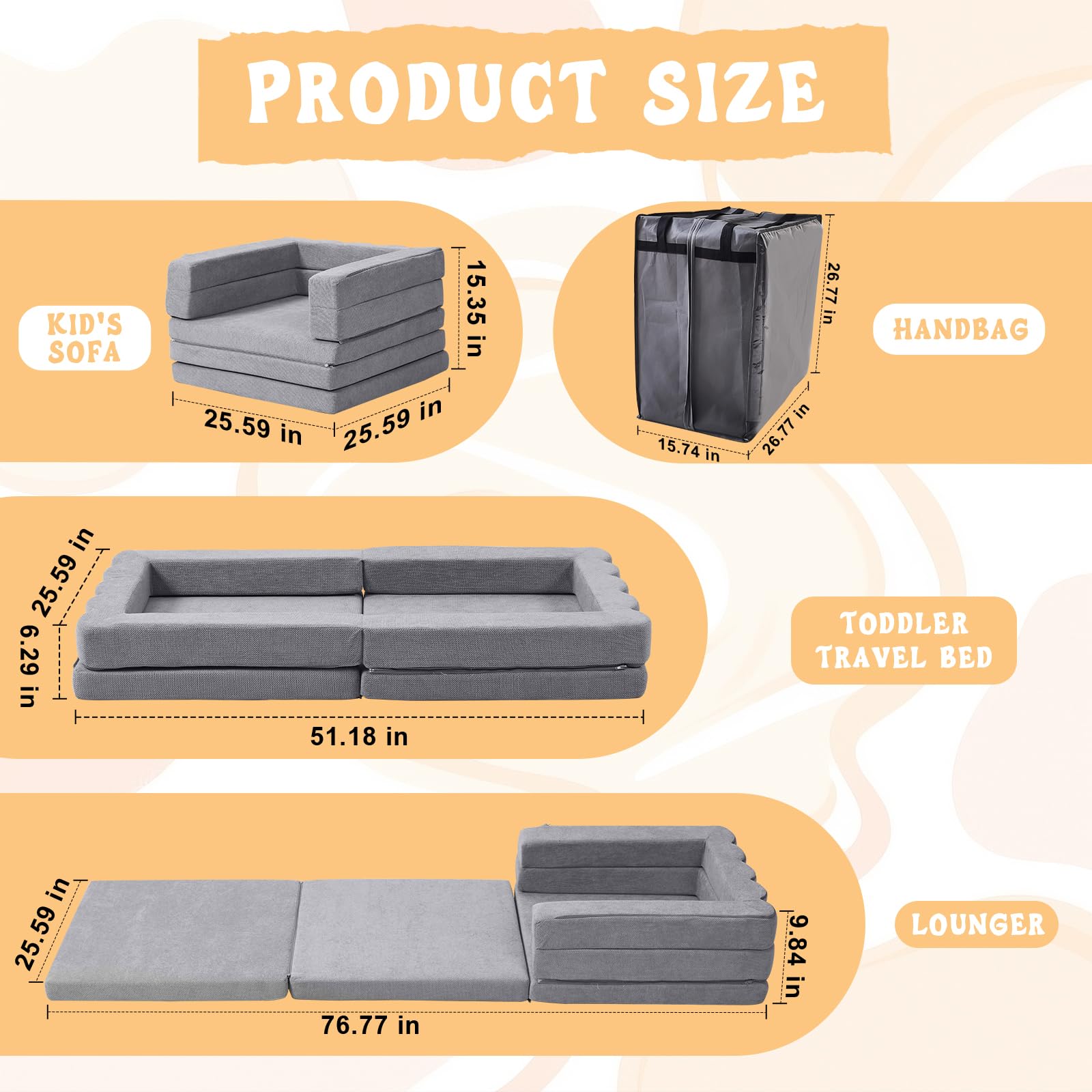 Portable Toddler Travel Bed|3-in-1 Convertible Sofa Bed High-Density Foam Floor Lounger for Kids,Collapsible Napmat with Waterproof Handbag,Foldable Sofa Chair for Camping,Indoor and Outdoor,Gray