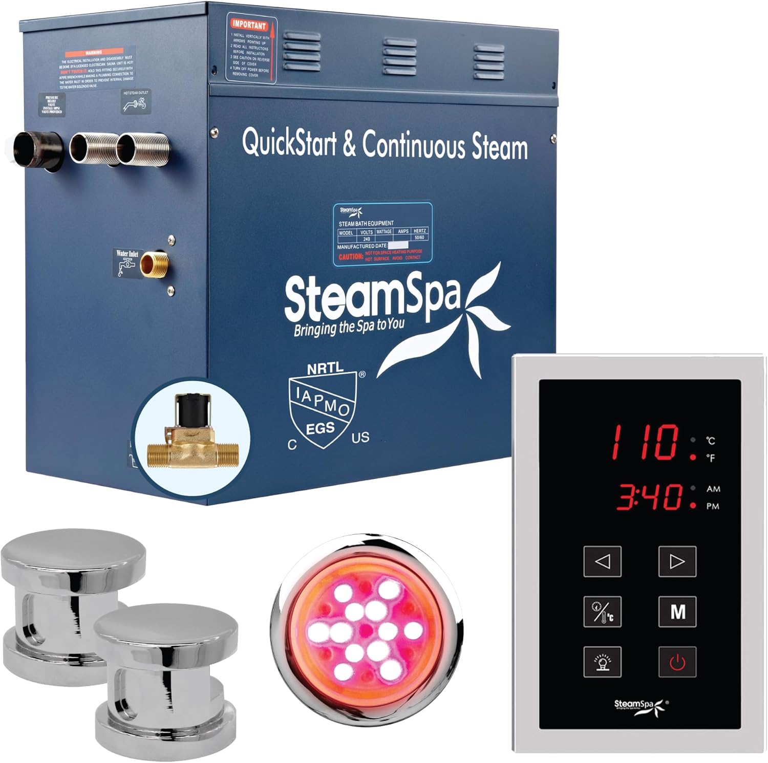 STEAMSPA 10.5kW Steam Sauna Generator Sentry Series 240V Steam Generator with Touch Screen, Steamhead, Built-in Steam Shower Auto Drain, ACU Quickstart Steam Bath Generator (Chrome)