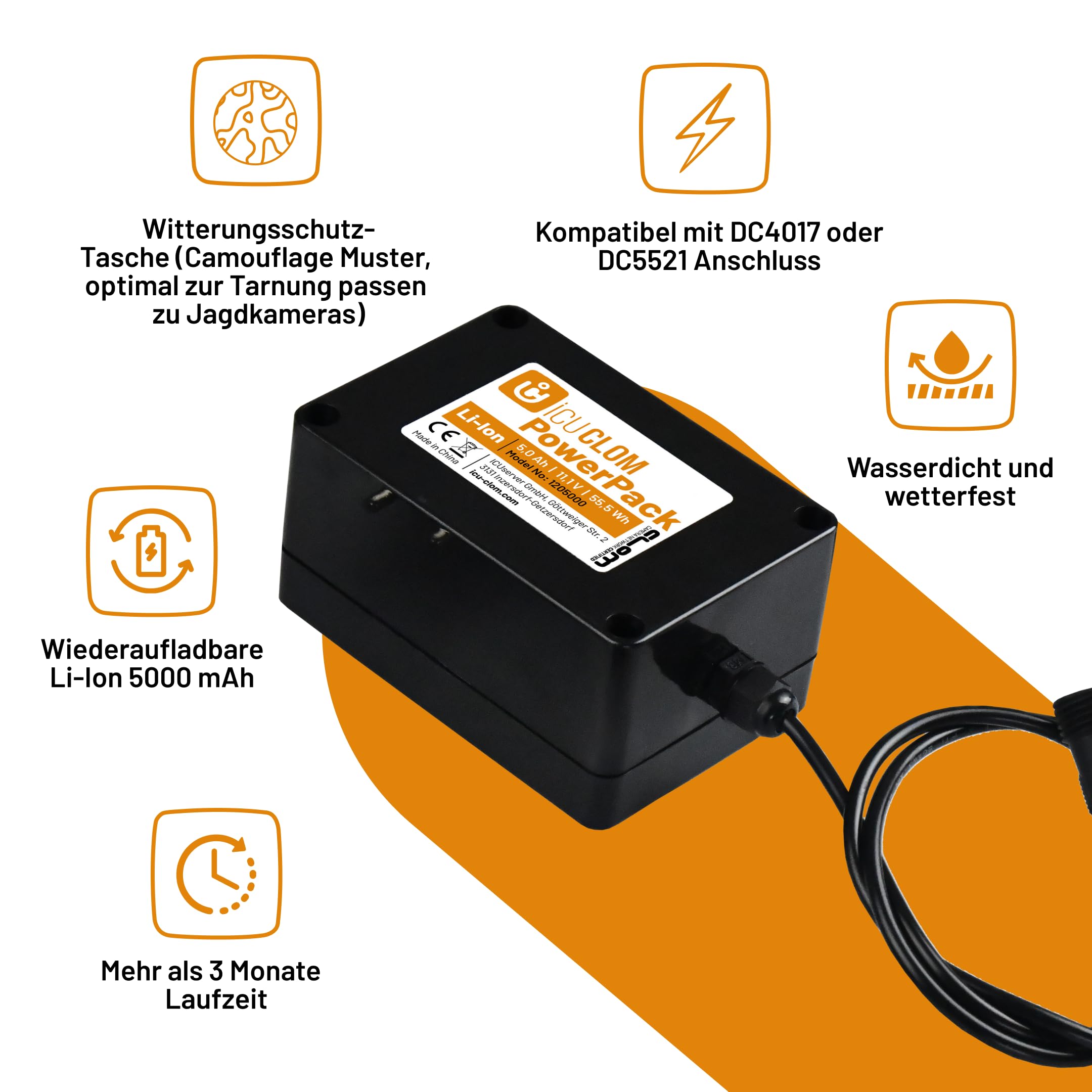 icuserver ICU Powerpack 5.0 Ah - Super Li-Ion Akku, 4-5x Langlebiger, Universal Netzteil, Kompatibel mit Allen Wildkameras mit 12 Volt und DC4017 oder DC5521 Anschluss