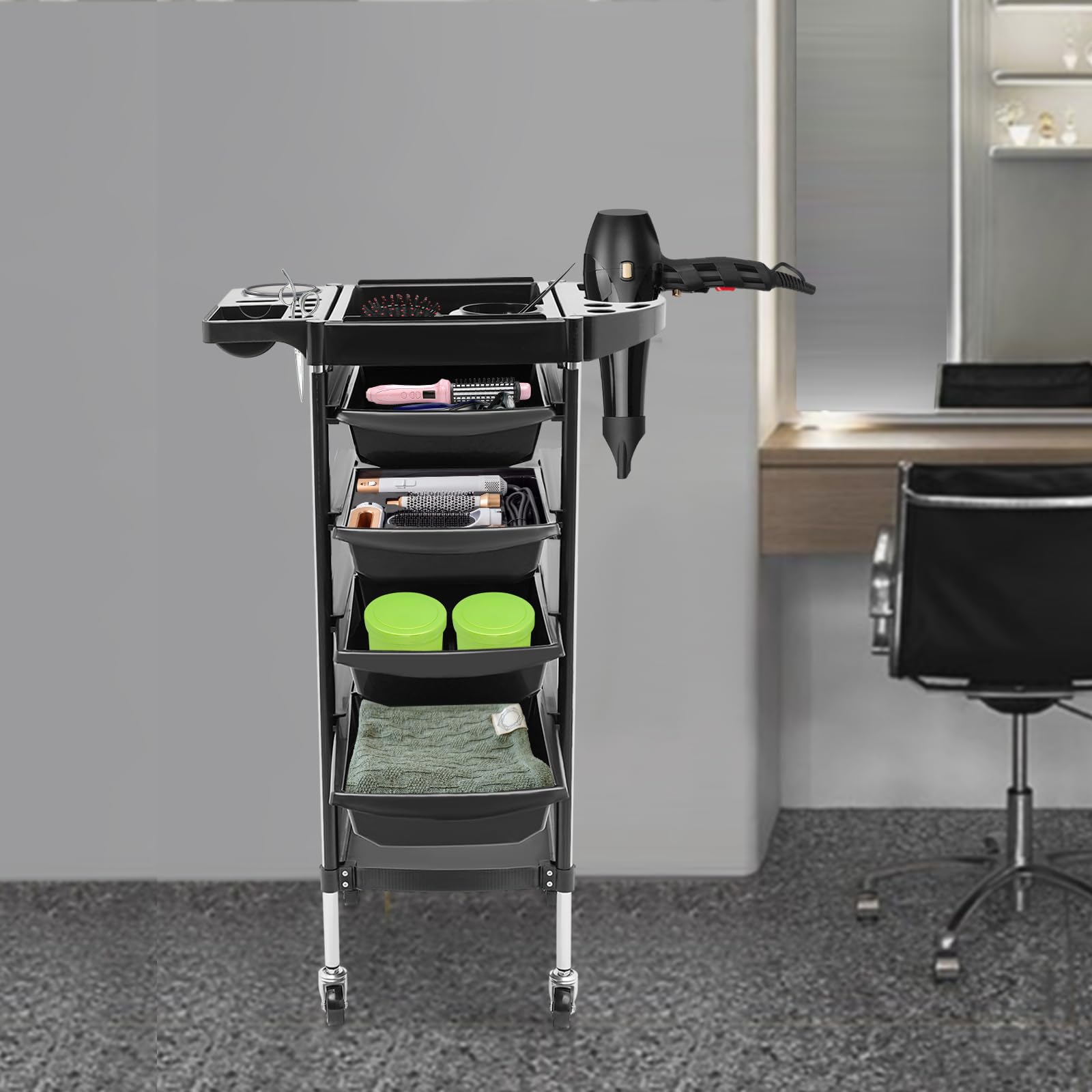 Friseurwagen, Salonwagen mit 4 Schubladen, Friseur Arbeitswagen Drehbar, Beauty Salon Trolley, Rollwagen Stapelboy, Friseur Zubehör, 37x34x88cm(Schwarz)