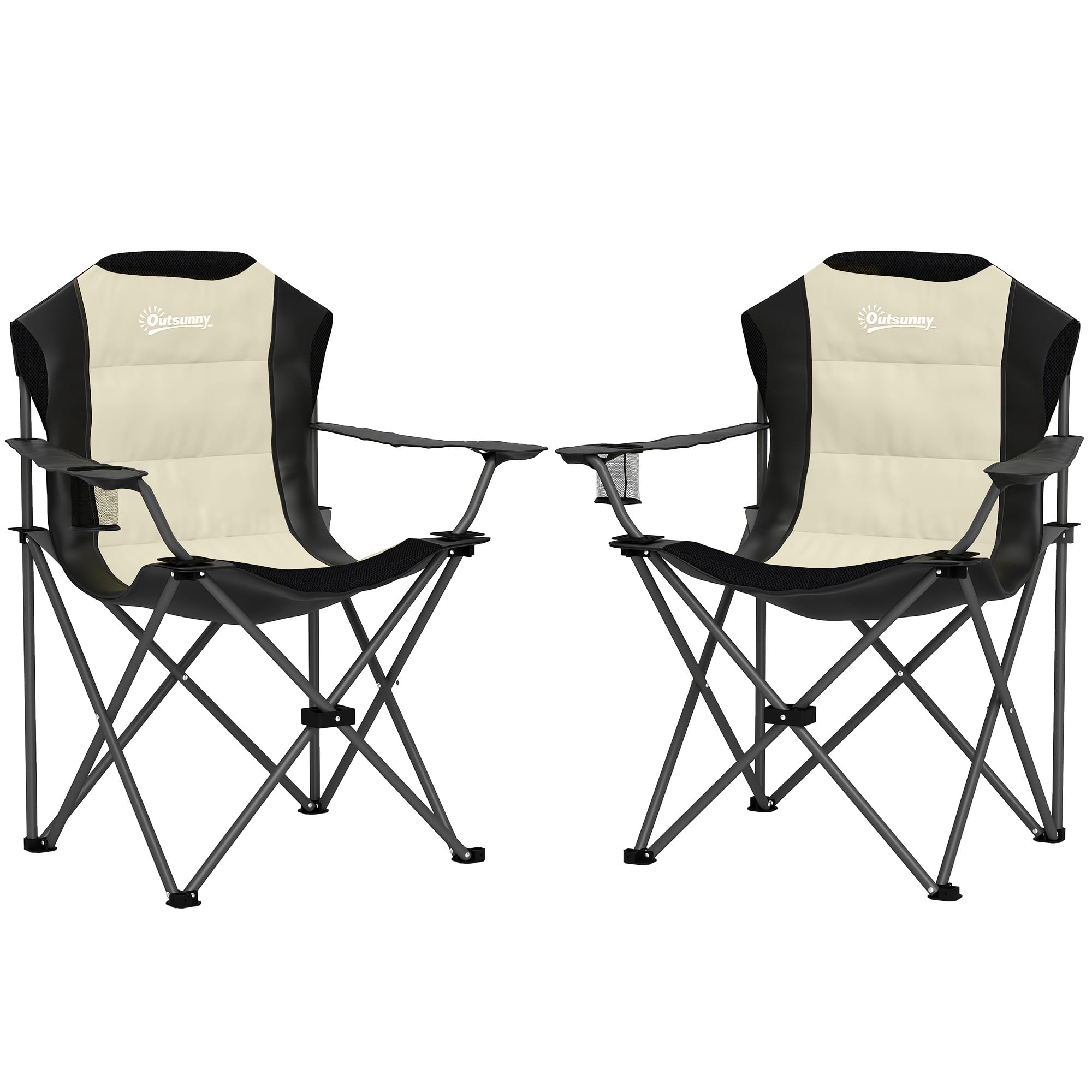 Outsunny Set di 2 Sedie da Campeggio Pieghevoli con Schienale Alto, Portabicchieri e Borse da Trasporto, Sedie per Esterno in Metallo e Tessuto Oxford, per Giardino Spiaggia Picnic Esterni, Crema