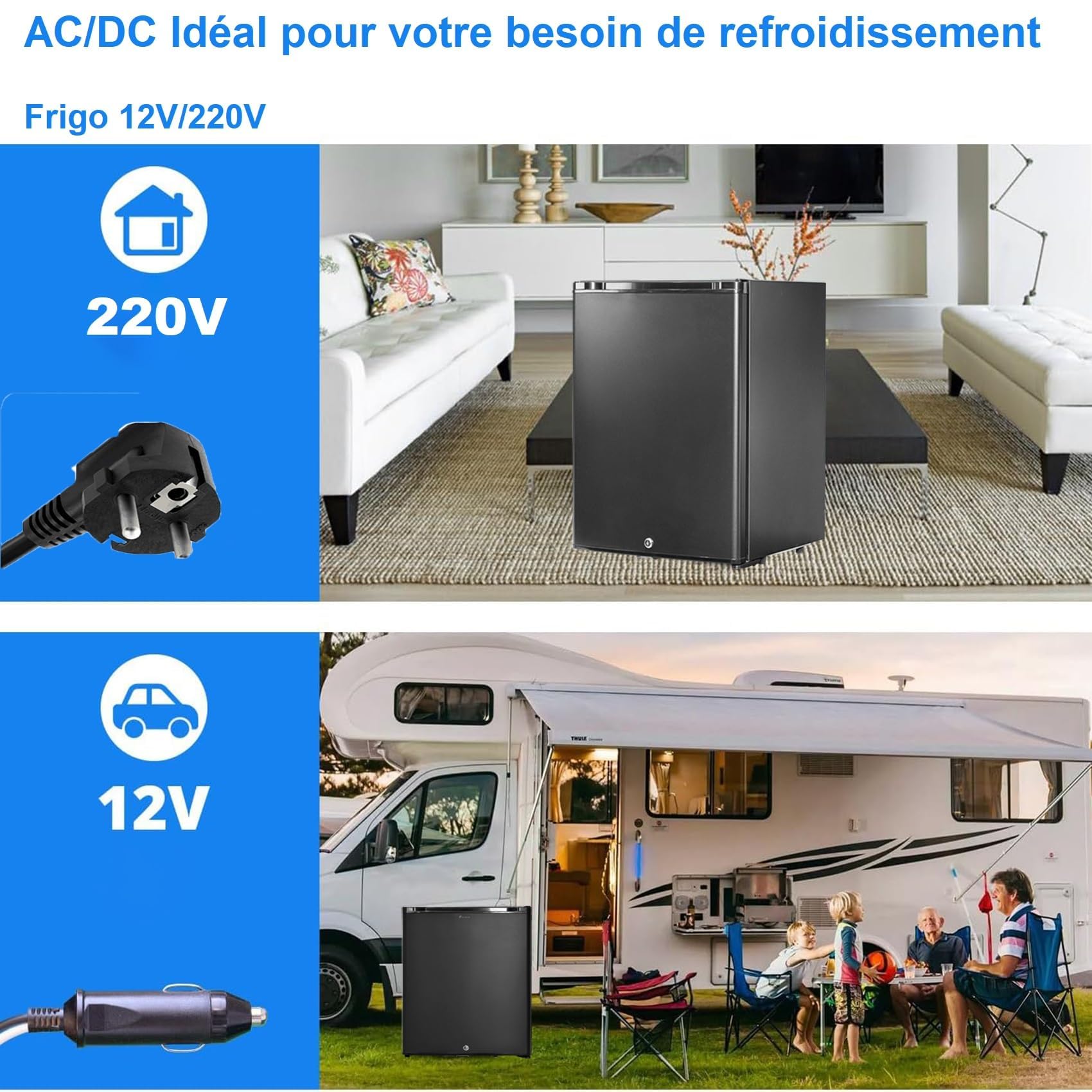 Frigo 12V 220V, 40L, Frigo Camping Car 12V 220V, 0-10℃, avec Serrure, Réfrigérateur pour Caravane, Maison, Camping, Voiture, Silencieux, Noir