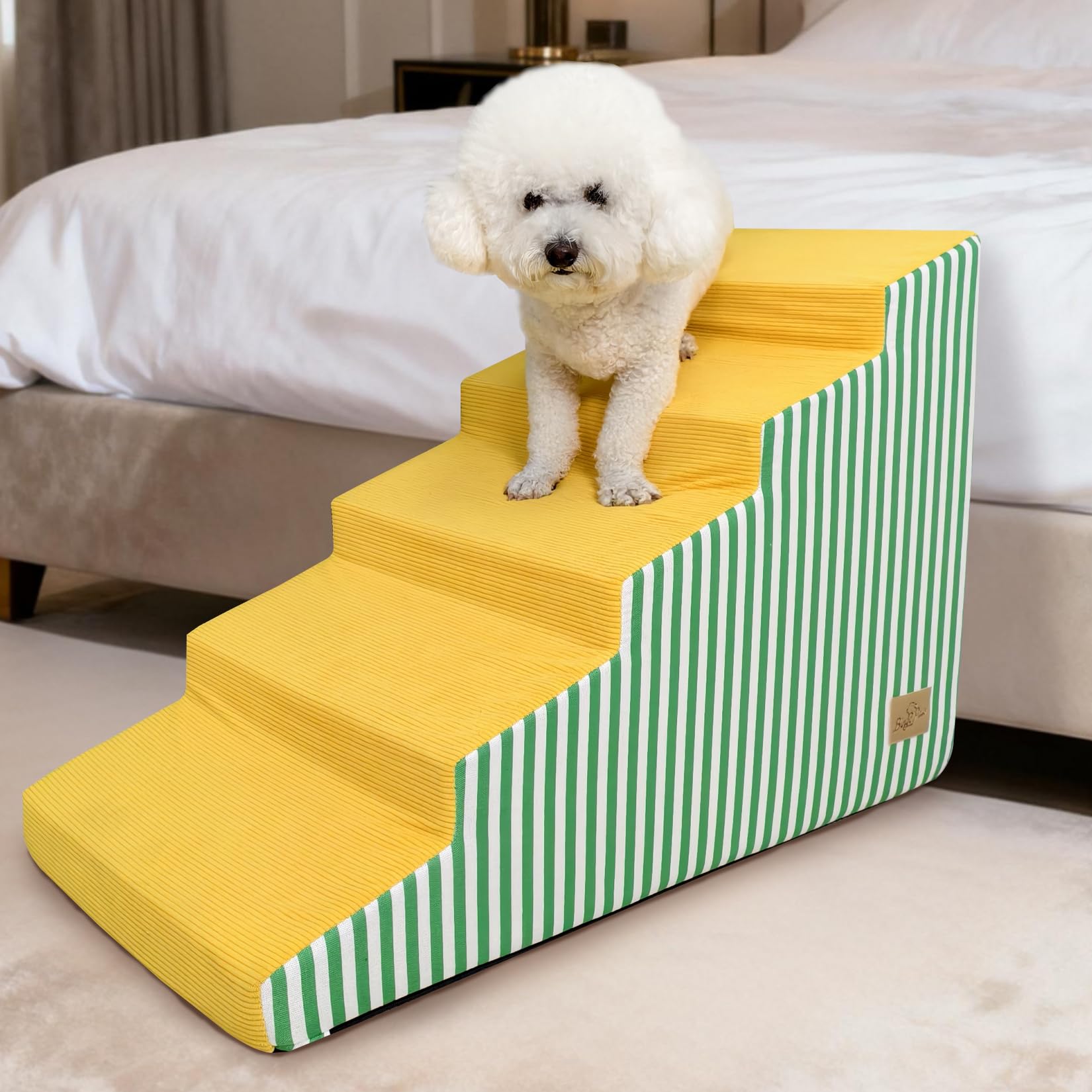 BingoPaw Escalera para Perros Grandes de 54cm de Alto, Escalera para Perros de 5 Escalones, Rampa para Perro con Funda Lavable y Fondo Antideslizante para Sofá y Cama, Amarilla y Verde