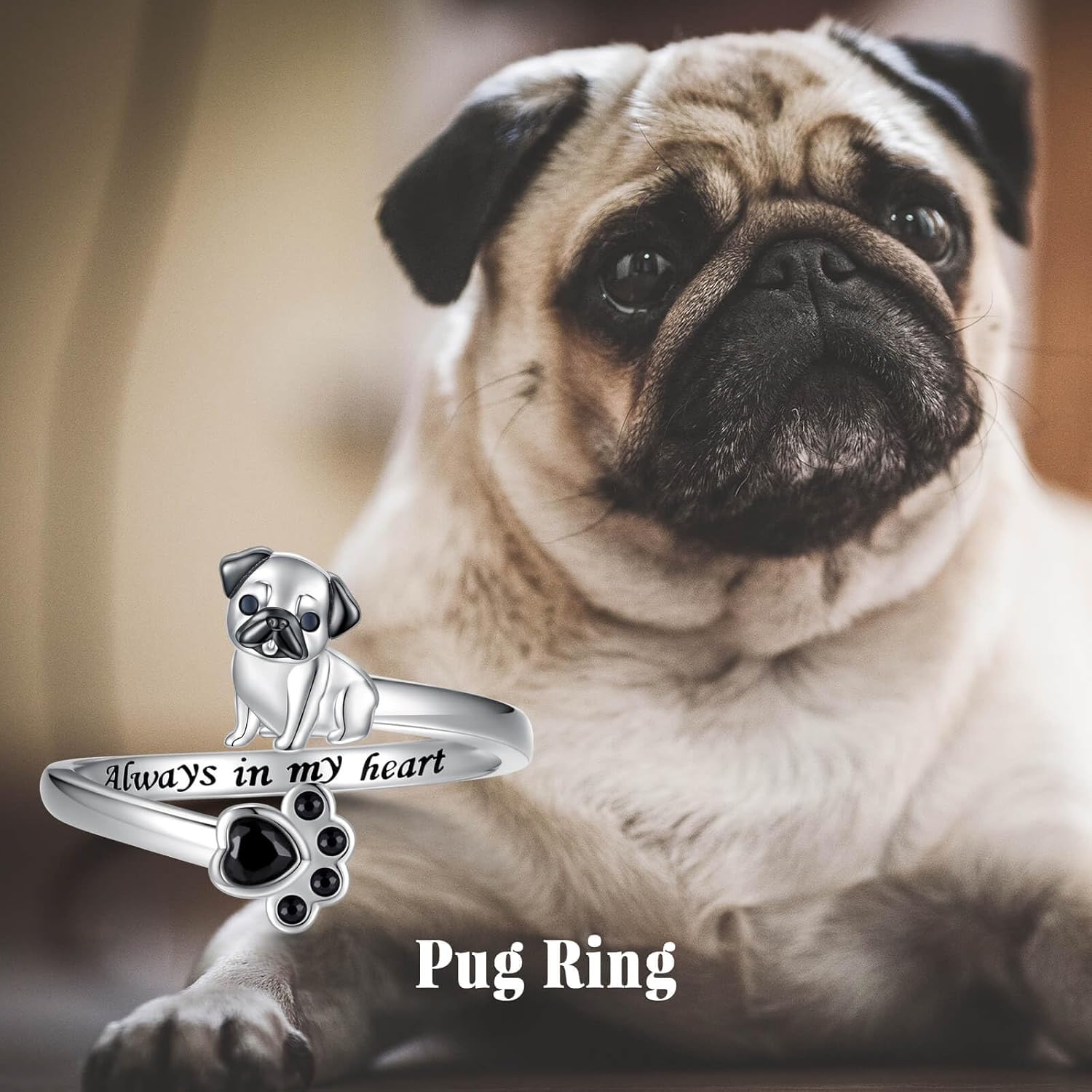Sterling Silver Pug Ring Adjustable Pug Open Ring for Women Hypoallergenic Adorable Puppy Dog Ring Jewelry Gifts for Dog Lovers - Image 5
