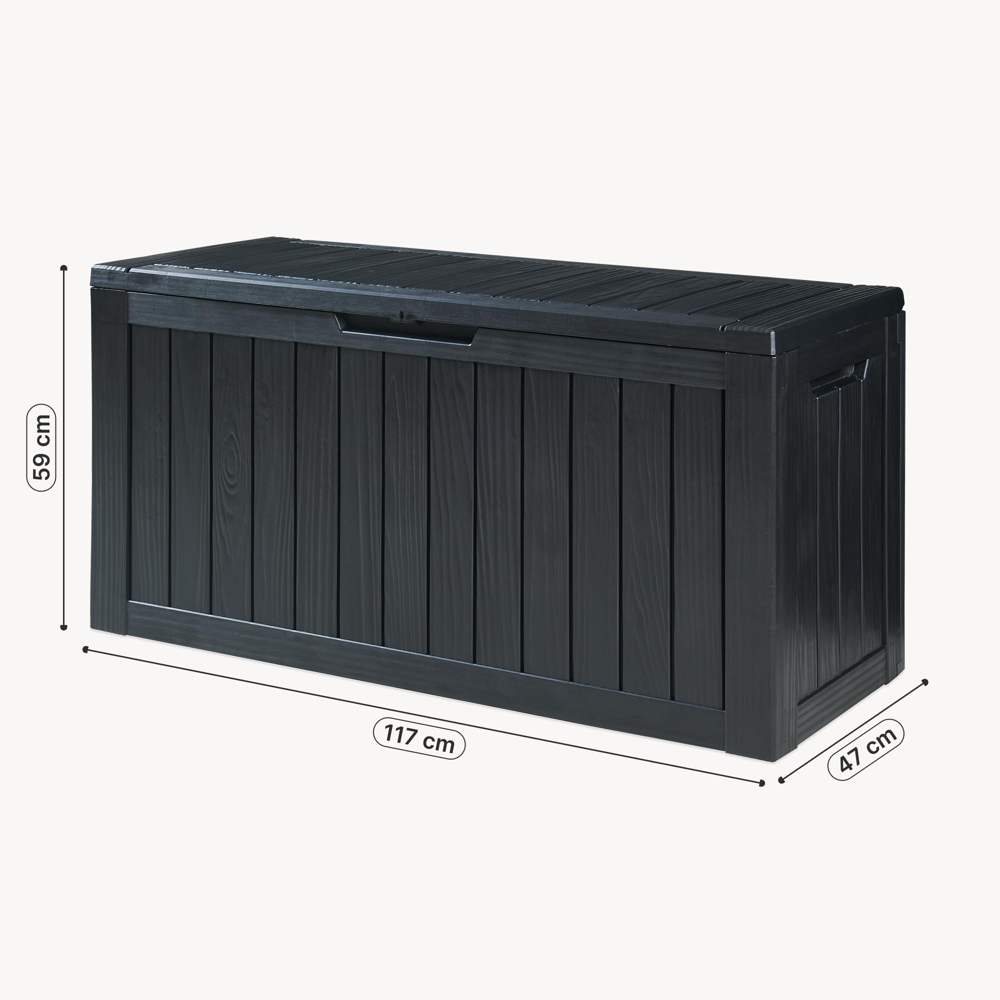 casa.pro Vades skrzynka ogrodowa z pokrywką, 117 x 47 x 59 cm, odporna na warunki atmosferyczne, 300 l, zamykana, na poduszkę, do użytku na zewnątrz, kolor czarny, wygląd drewna