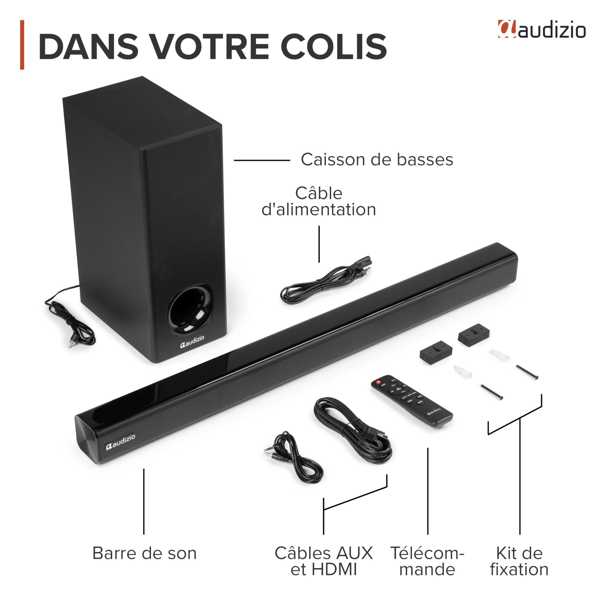 Audizio SB82S Barre De Son avec Caisson de Basse Filaire Bluetooth 5.3 HDMI Arc 120W, Soundbar 2.1 80 cm Optique, USB, AUX, Son TV Plus Puissant avec des Basses Profondes, Films, Musique et Jeux