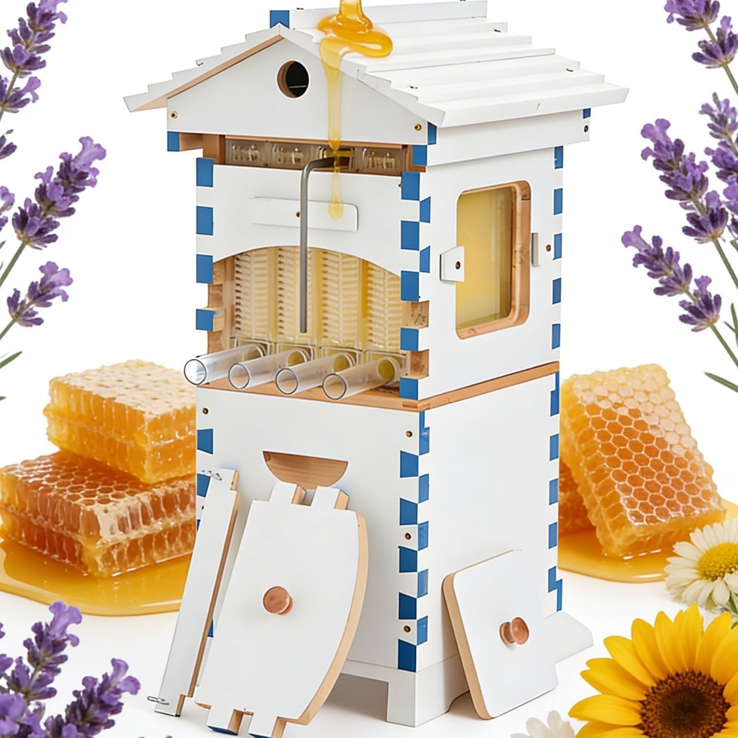 Bienenstock Starter Kit - Selbstfließender Honigstock mit Bienenrahmen und Wabenschalen für automatische Ernte, ideal für Gartenbestäuber und Imker