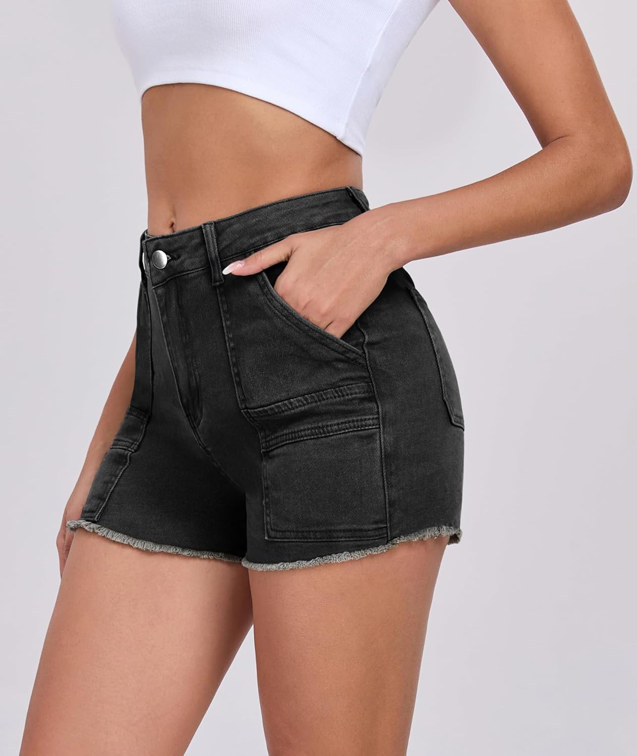 2025 Women's Stretchy Cargo Denim Shorts Mid Rise Jean Shorts Raw Hem Jorts with Pockets Short Jeans 3.5" Inseam - Image 3