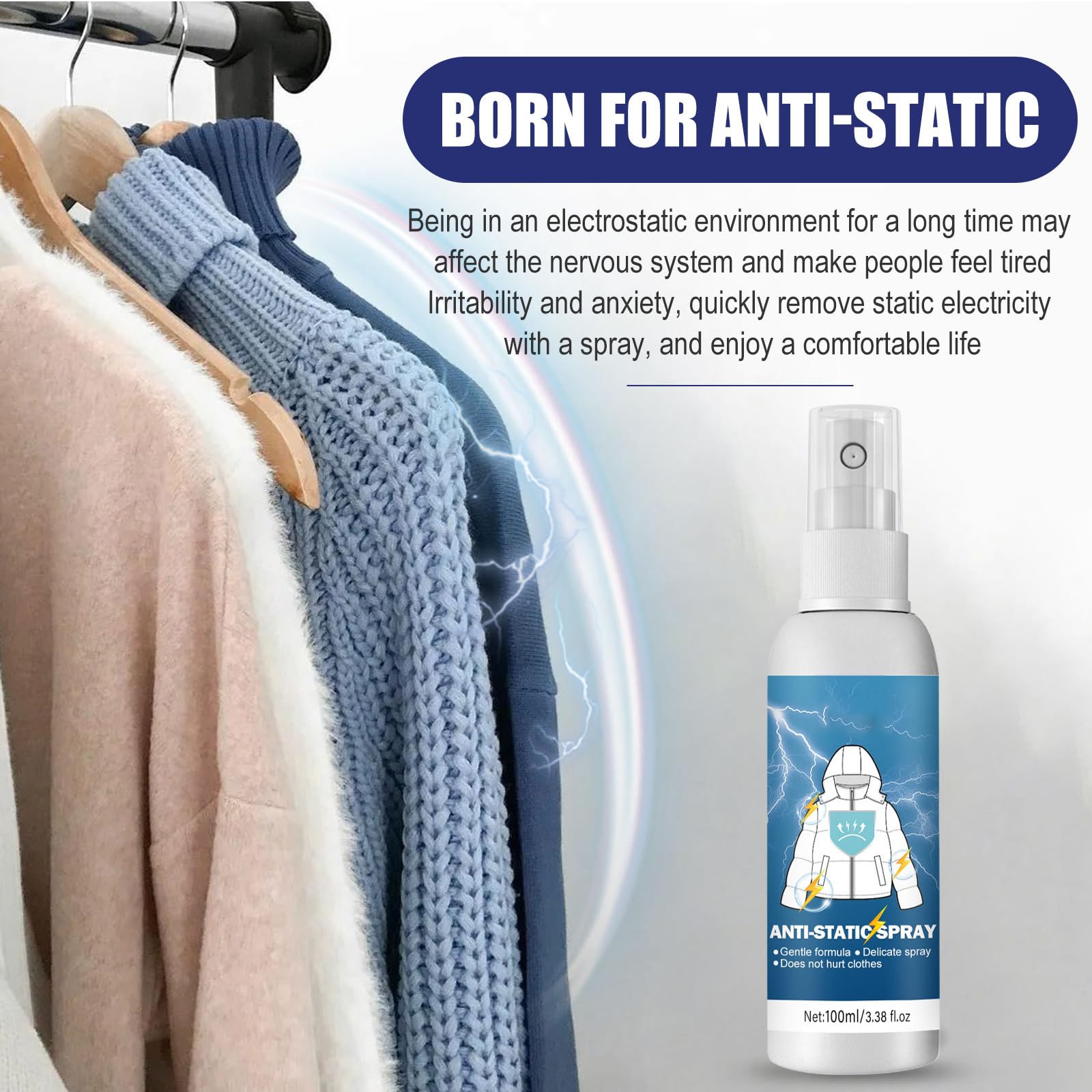 Spray Antistatique Vetements,Spray Antistatique Cheveux,100ML,1PC,Spray anti-statique pour vêtements et couvertures domestiques pour prévenir l'électricité statique des cheveux