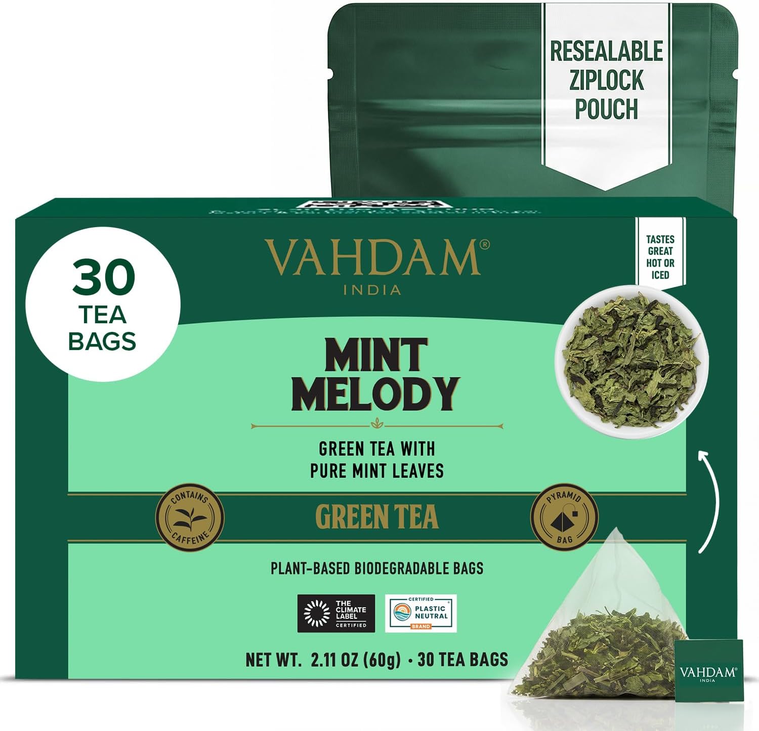 VAHDAM, Mint Green Tea Bags (30 Count) 100% Pure Leaf Tea, High Grown, Low Caffeine, Non GMO, Gluten Free | Individually Wrapped Plant-Based Pyramid Tea Bags | Direct from Source