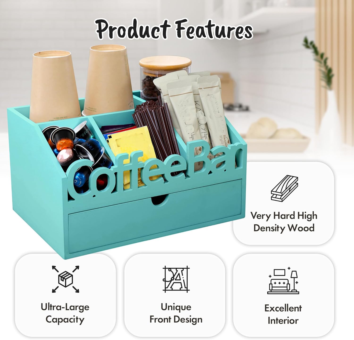 Coffee Bar Organizer for Countertop – Wooden Coffee Station, Tea and K Cup, Condiment Storage Rack, Coffee Pod Holder for Home and Office Counter Organization (Drawer - Turquoise)