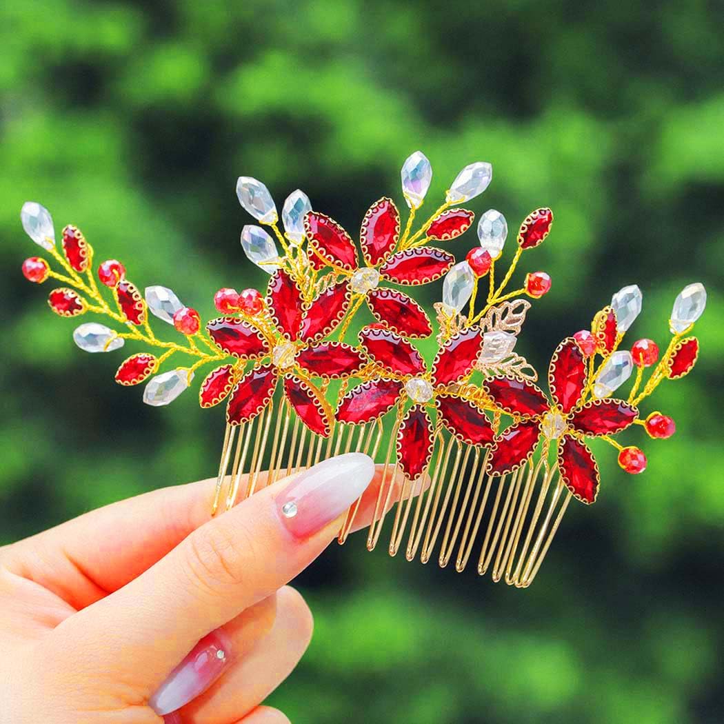 IYOU Sposa Nozze Pettine per Capelli Strass Rosso Pezzo di capelli Fiore Ballo Studentesco Festa Copricapo Accessori per Donne