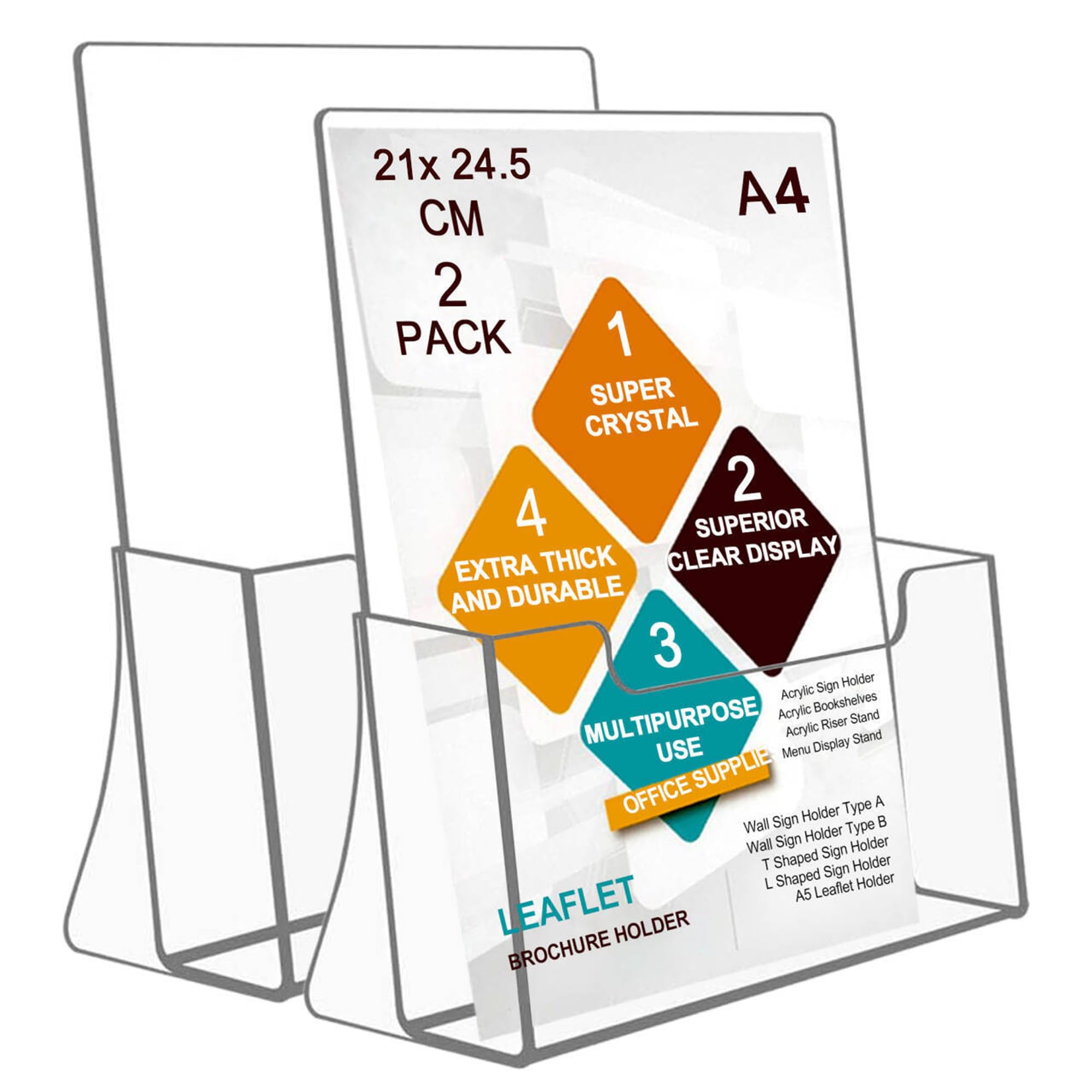 ROSSHINE Soporte para folletos A4, acrílico transparente, paquete de 2 unidades, para folletos de menú, flyer de menú, exhibición de plexiglás, revistas, tarjetas de visita, literatura, folletos,